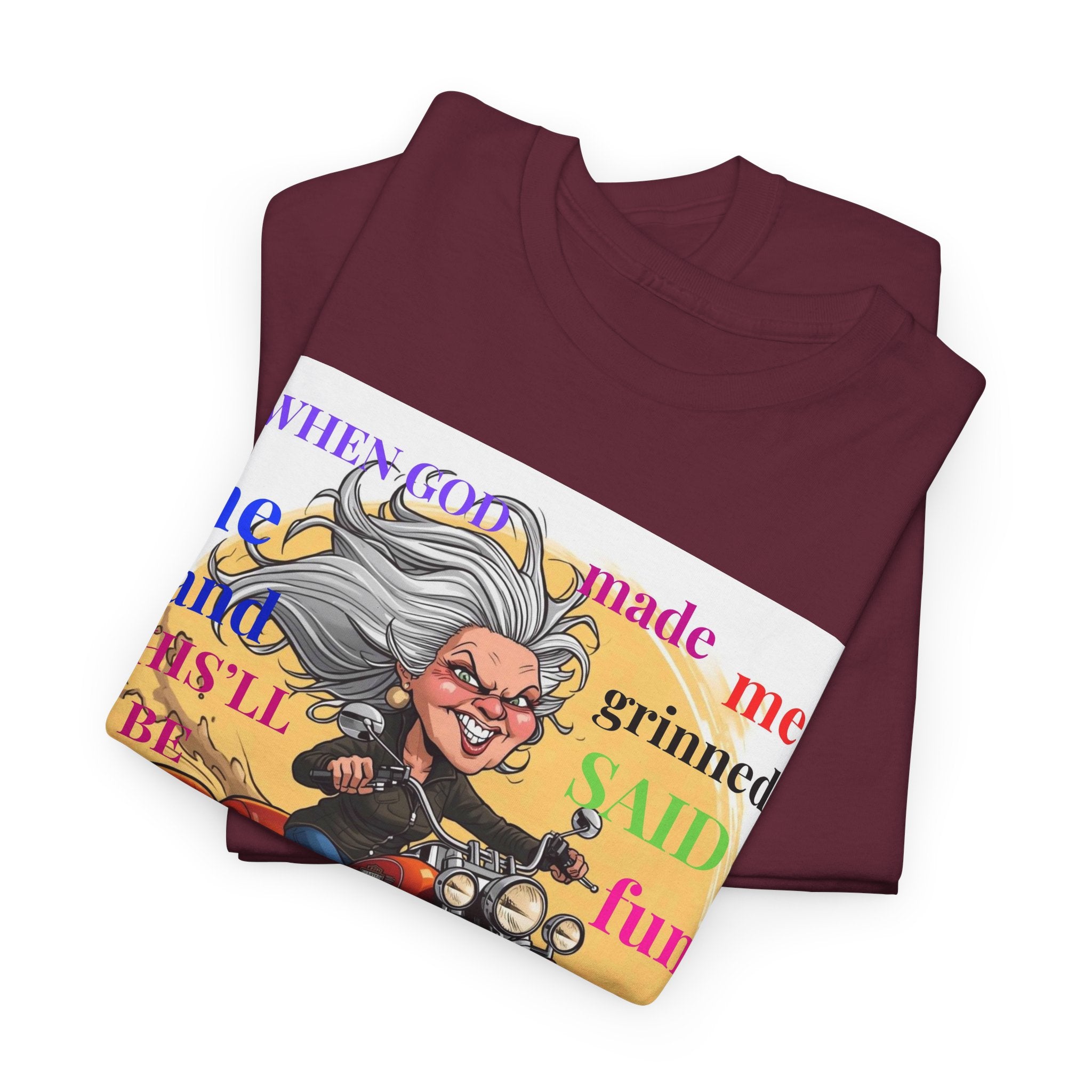 Grinning Grandma on Motorcycle T‑Shirt — "When God Made Me He Smiled" Funny Biker Tee