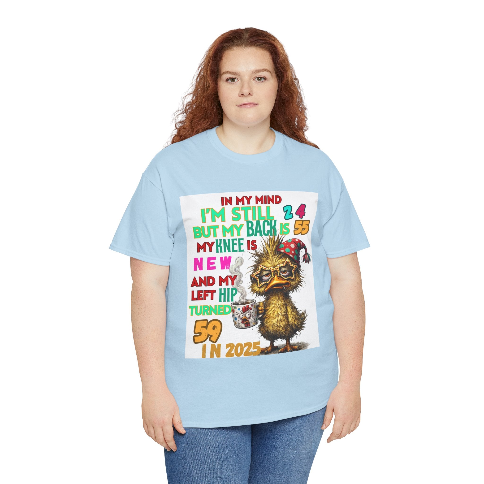 Funny 59th Birthday T-Shirt – Retro Duck Graphic “In My Mind I’m Still 24… Left Hip Turned 59”