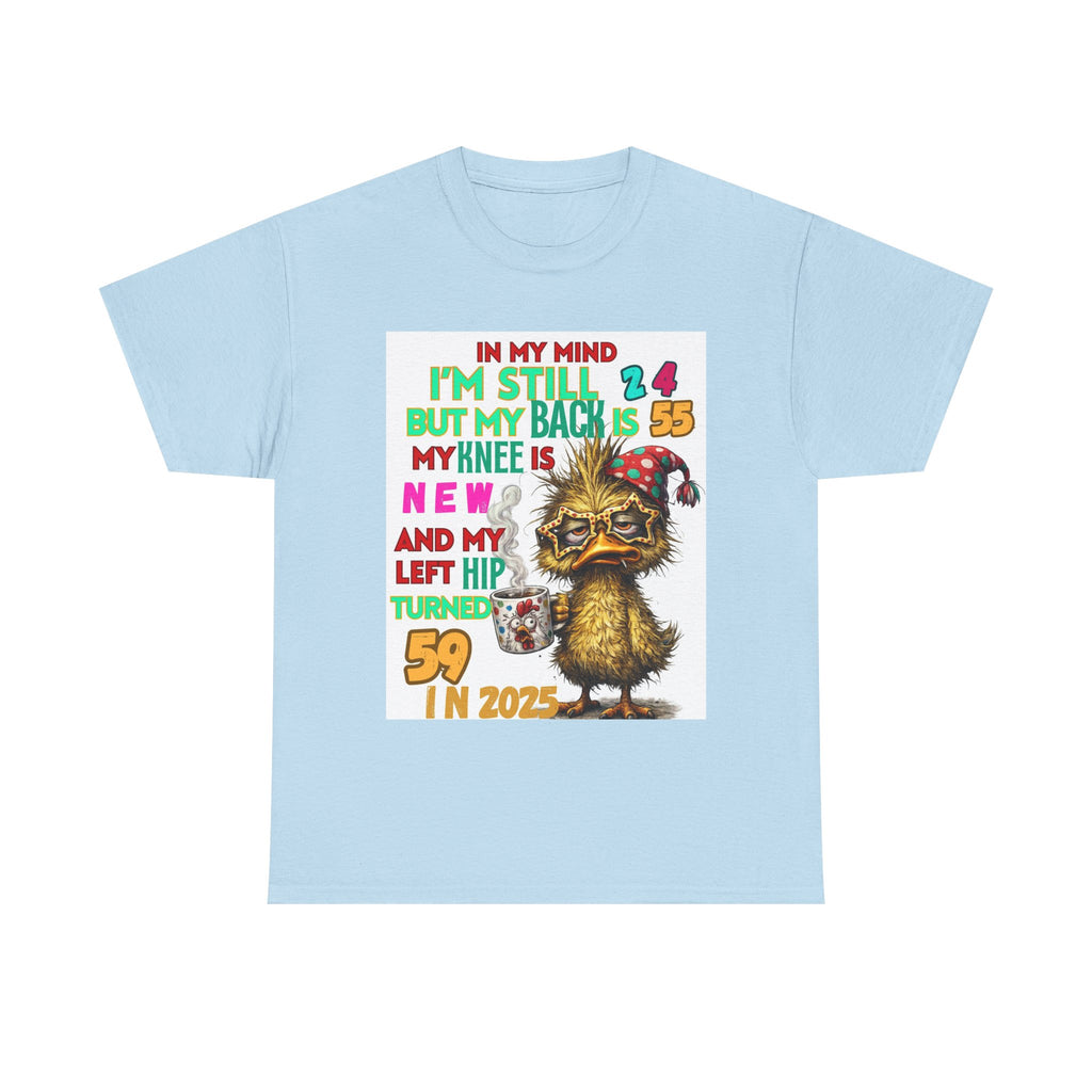 Funny 59th Birthday T-Shirt – Retro Duck Graphic “In My Mind I’m Still 24… Left Hip Turned 59”