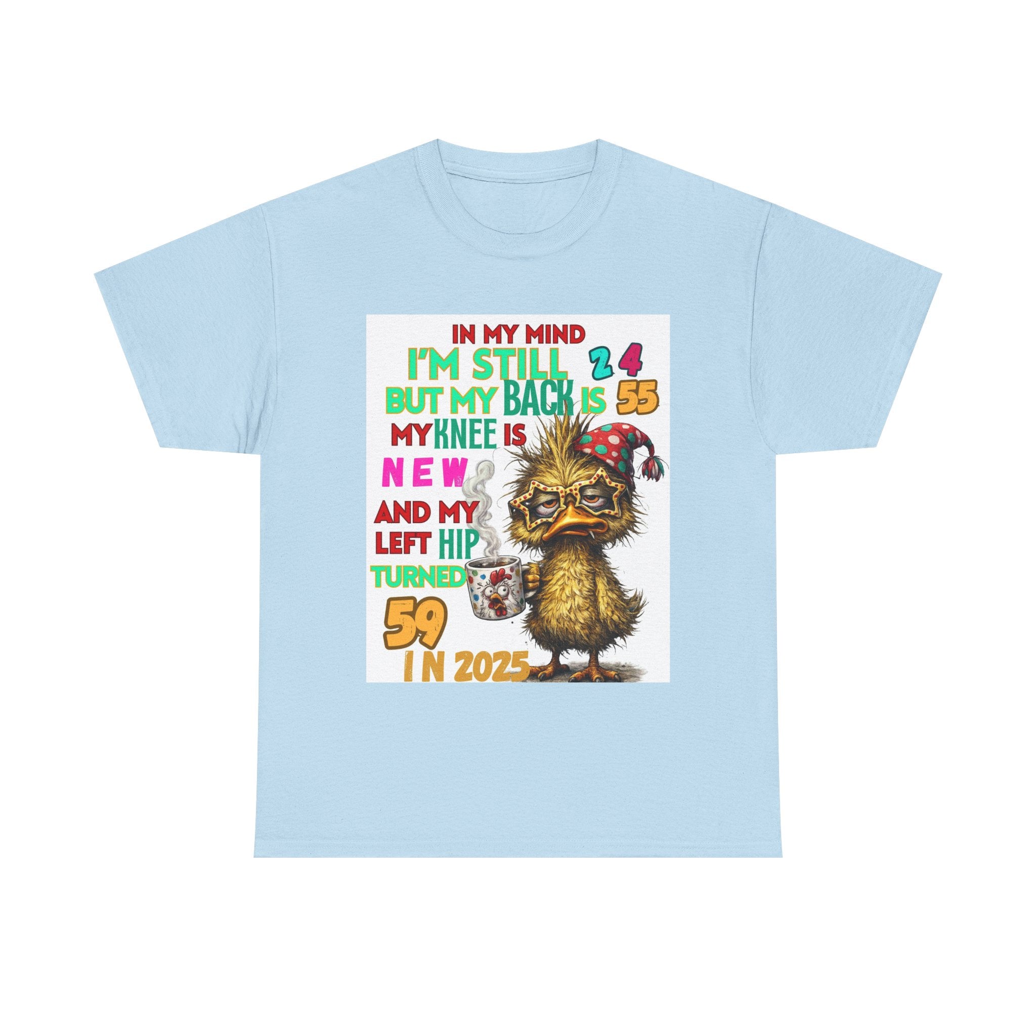 Funny 59th Birthday T-Shirt – Retro Duck Graphic “In My Mind I’m Still 24… Left Hip Turned 59”