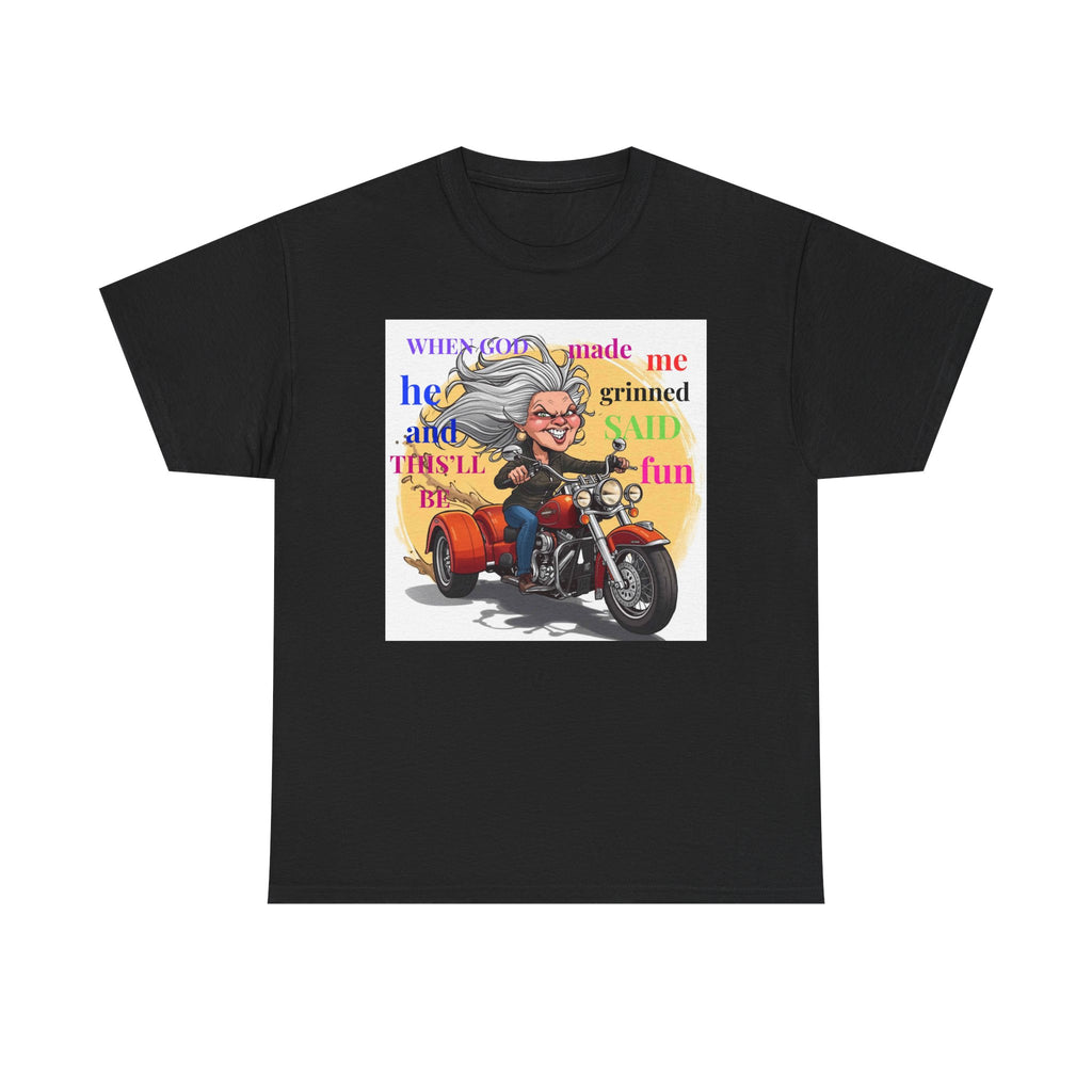Motorcycle Grandma T-Shirt — "When God Made Me He Grinned" Biker Tee