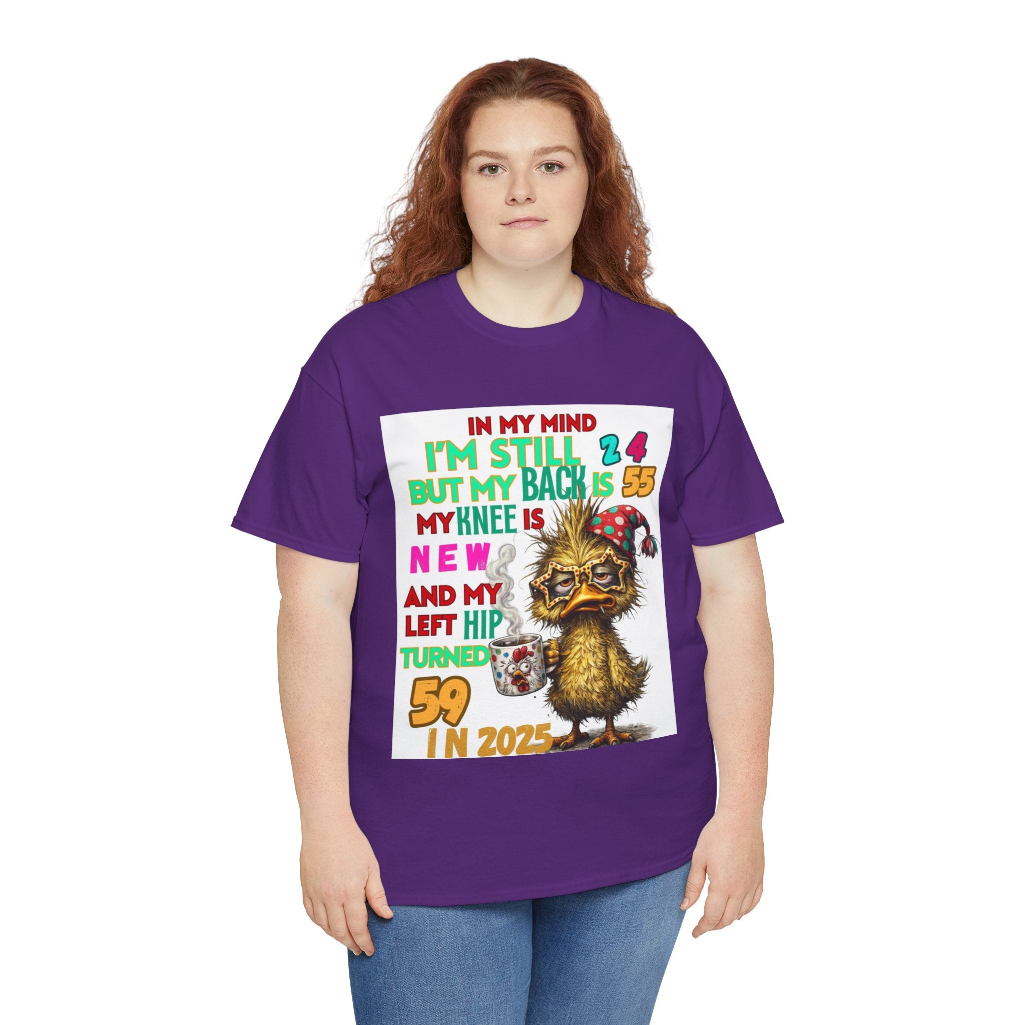 Funny 59th Birthday T-Shirt – Retro Duck Graphic “In My Mind I’m Still 24… Left Hip Turned 59”