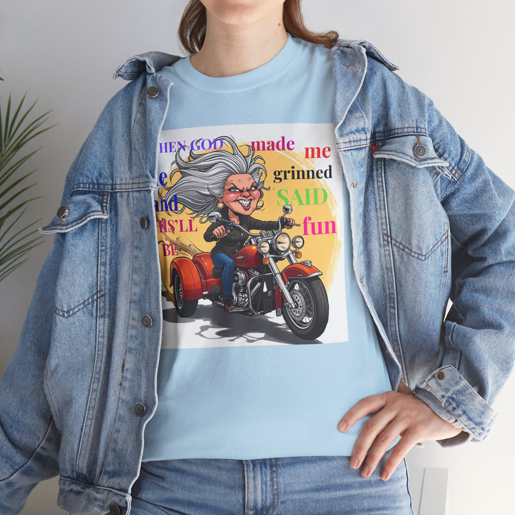 Motorcycle Grandma T-Shirt — "When God Made Me He Grinned" Biker Tee