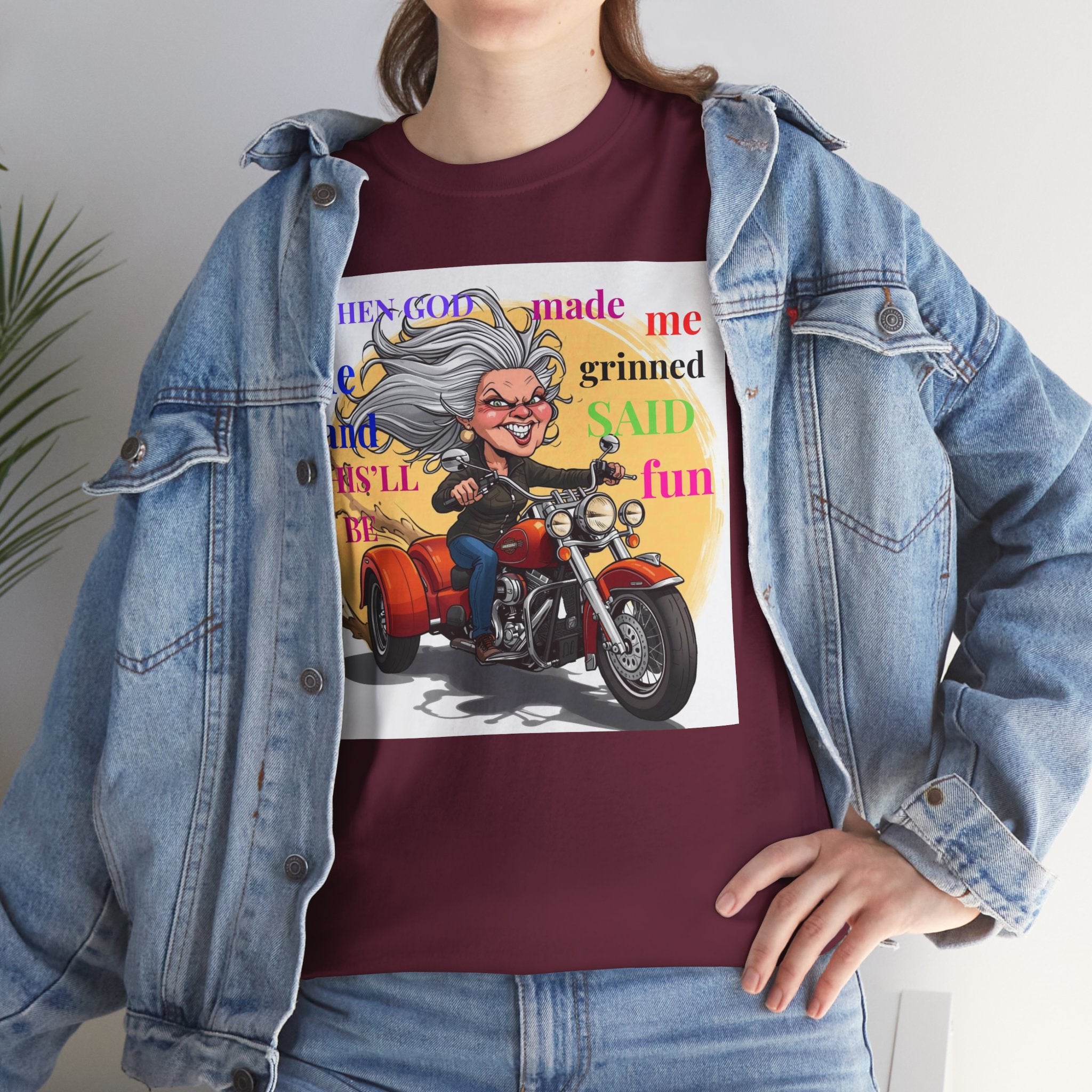 Grinning Grandma on Motorcycle T‑Shirt — "When God Made Me He Smiled" Funny Biker Tee