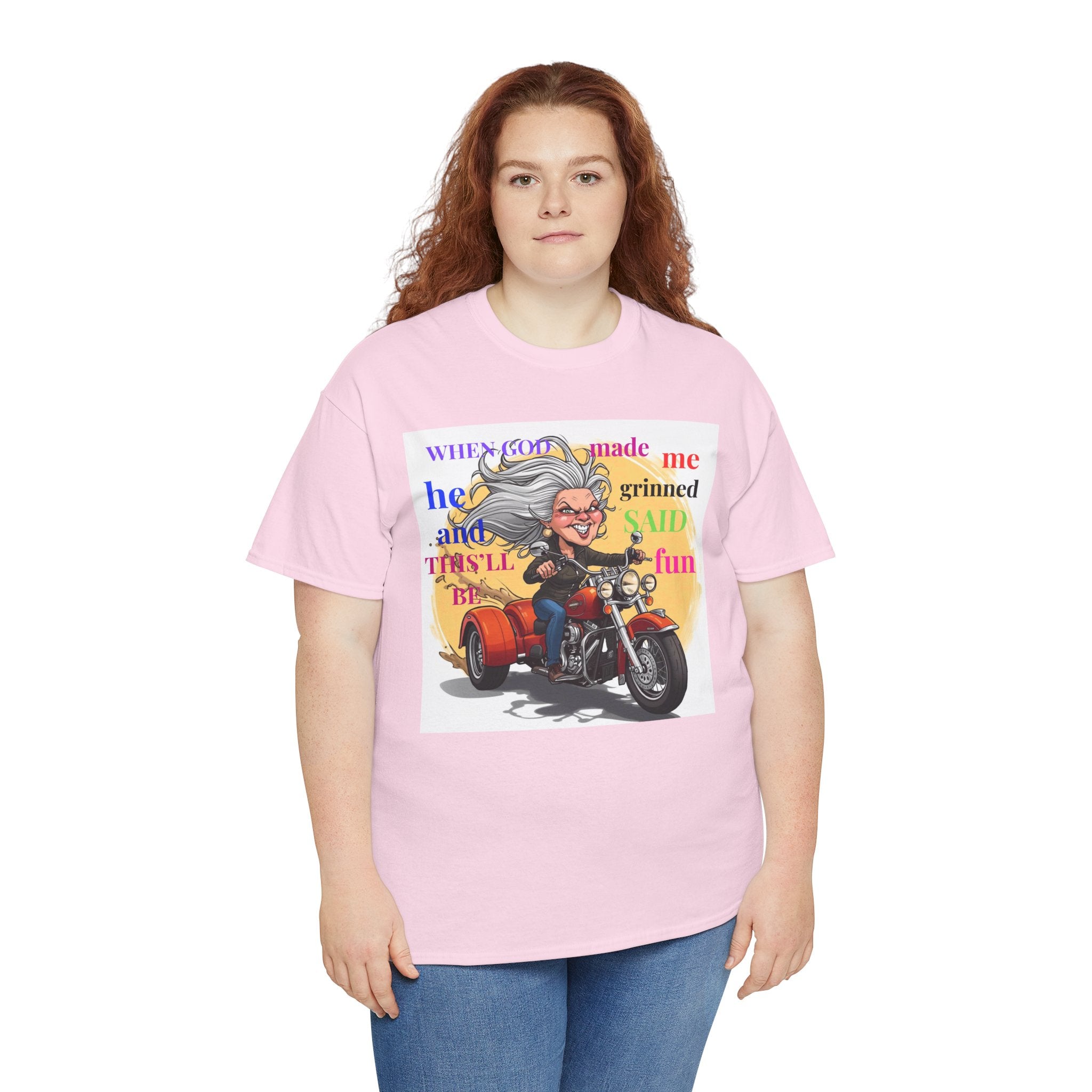 Motorcycle Grandma T-Shirt — "When God Made Me He Grinned" Biker Tee