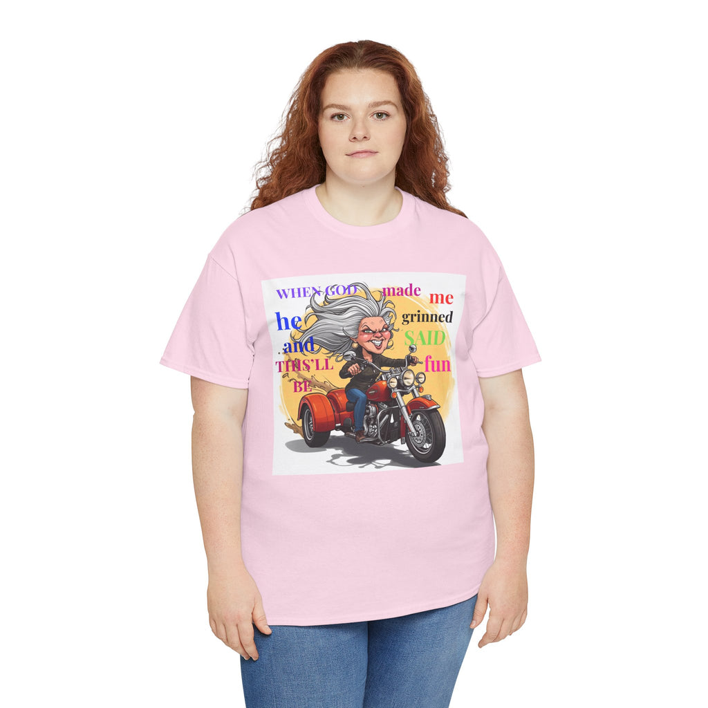 Grinning Grandma on Motorcycle T‑Shirt — "When God Made Me He Smiled" Funny Biker Tee