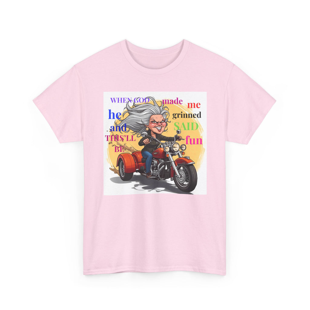 Motorcycle Grandma T-Shirt — "When God Made Me He Grinned" Biker Tee