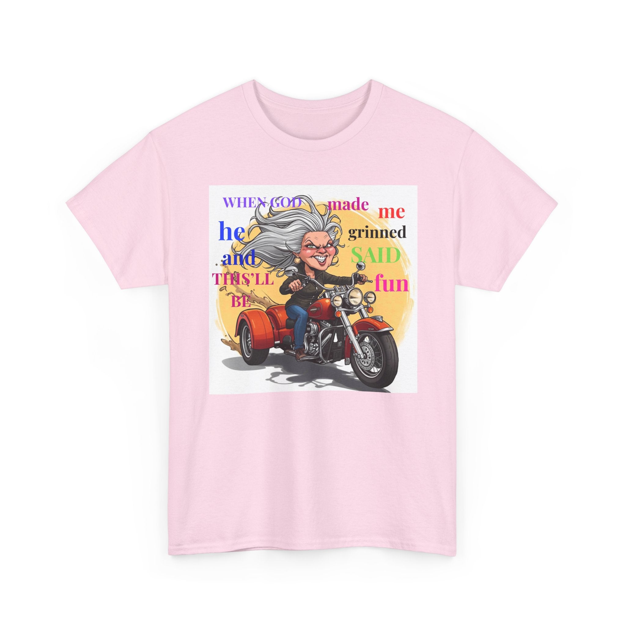 Motorcycle Grandma T-Shirt — "When God Made Me He Grinned" Biker Tee