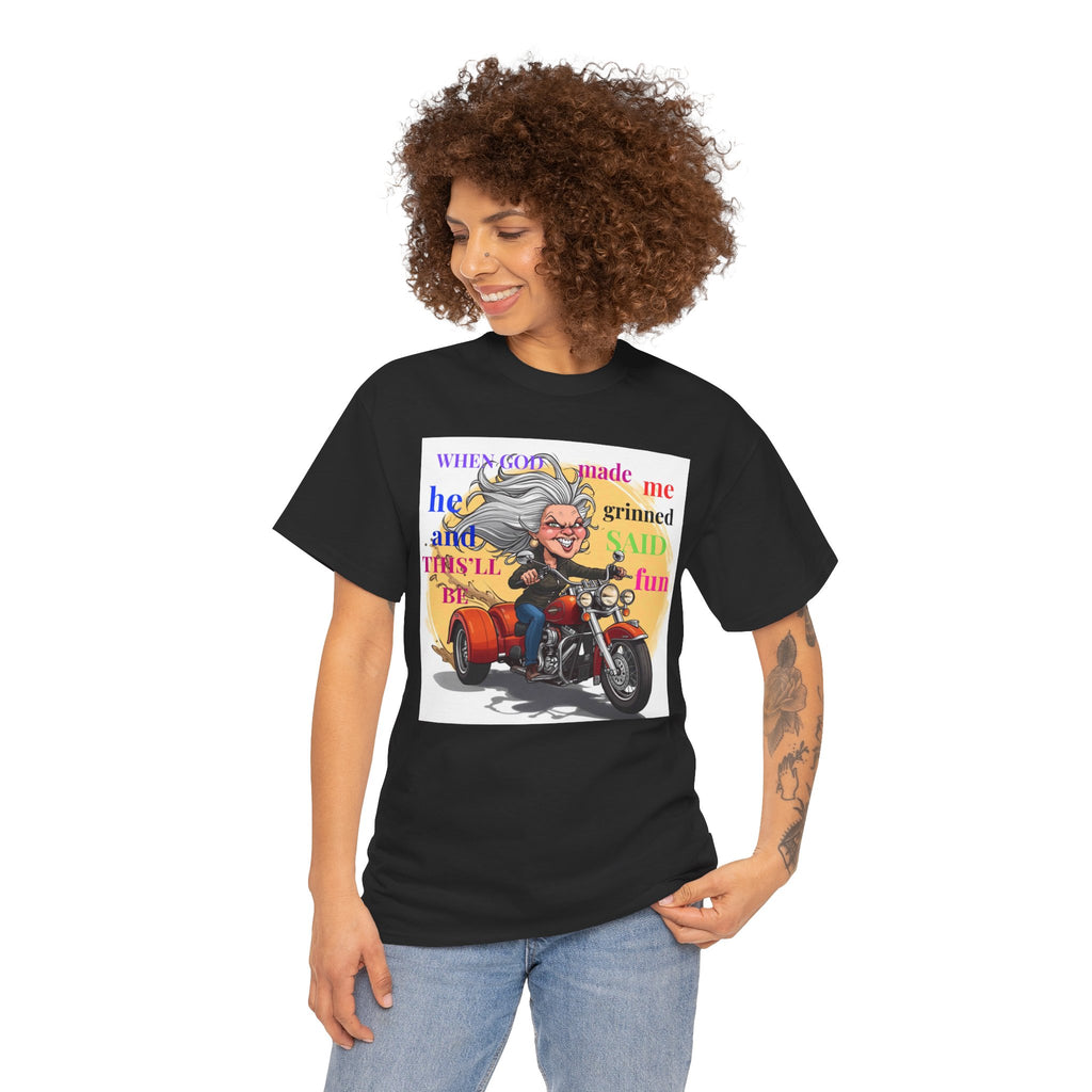 Motorcycle Grandma T-Shirt — "When God Made Me He Grinned" Biker Tee