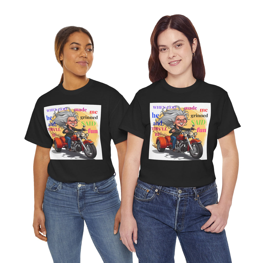 Motorcycle Grandma T-Shirt — "When God Made Me He Grinned" Biker Tee