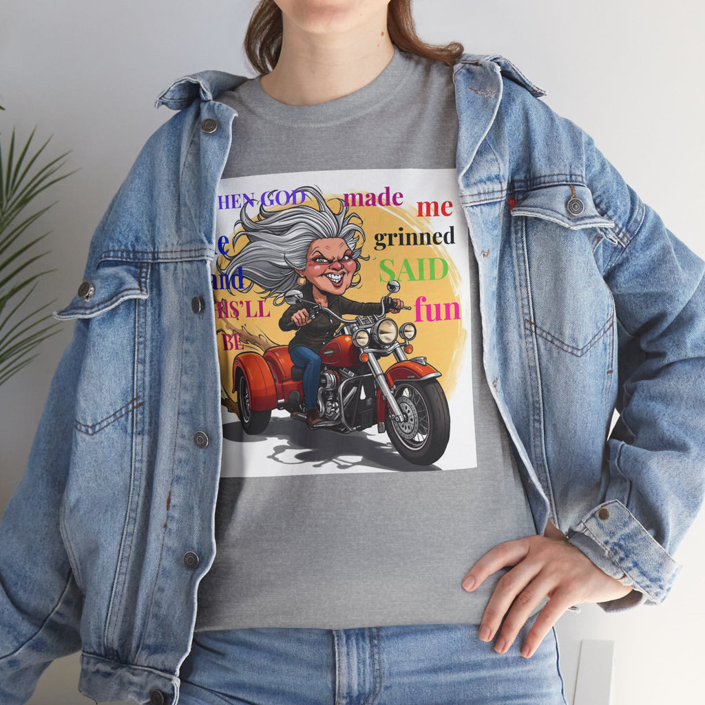 Motorcycle Grandma T-Shirt — "When God Made Me He Grinned" Biker Tee