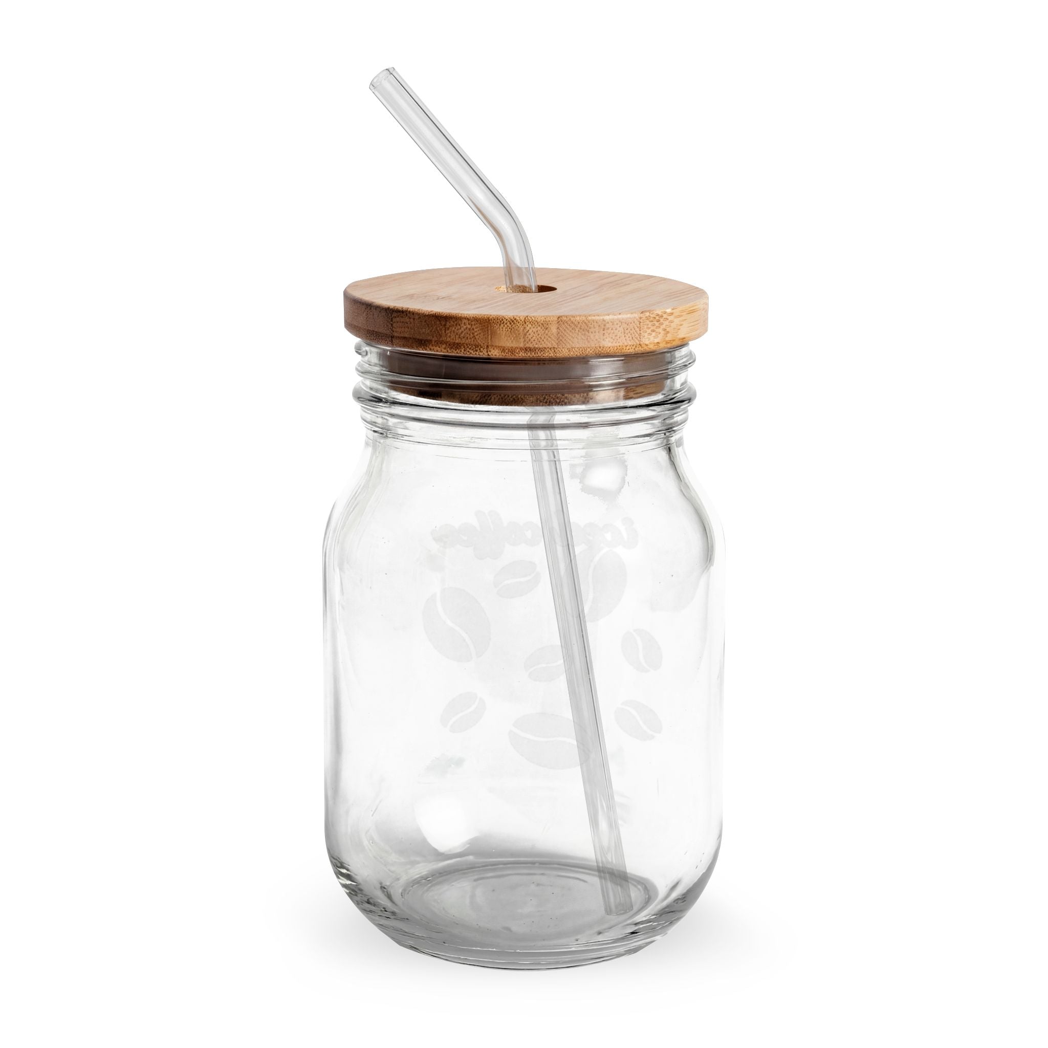 16oz Engraved Glass Sipper Jar with Bamboo Lid & Straw — Coffee Bean Design