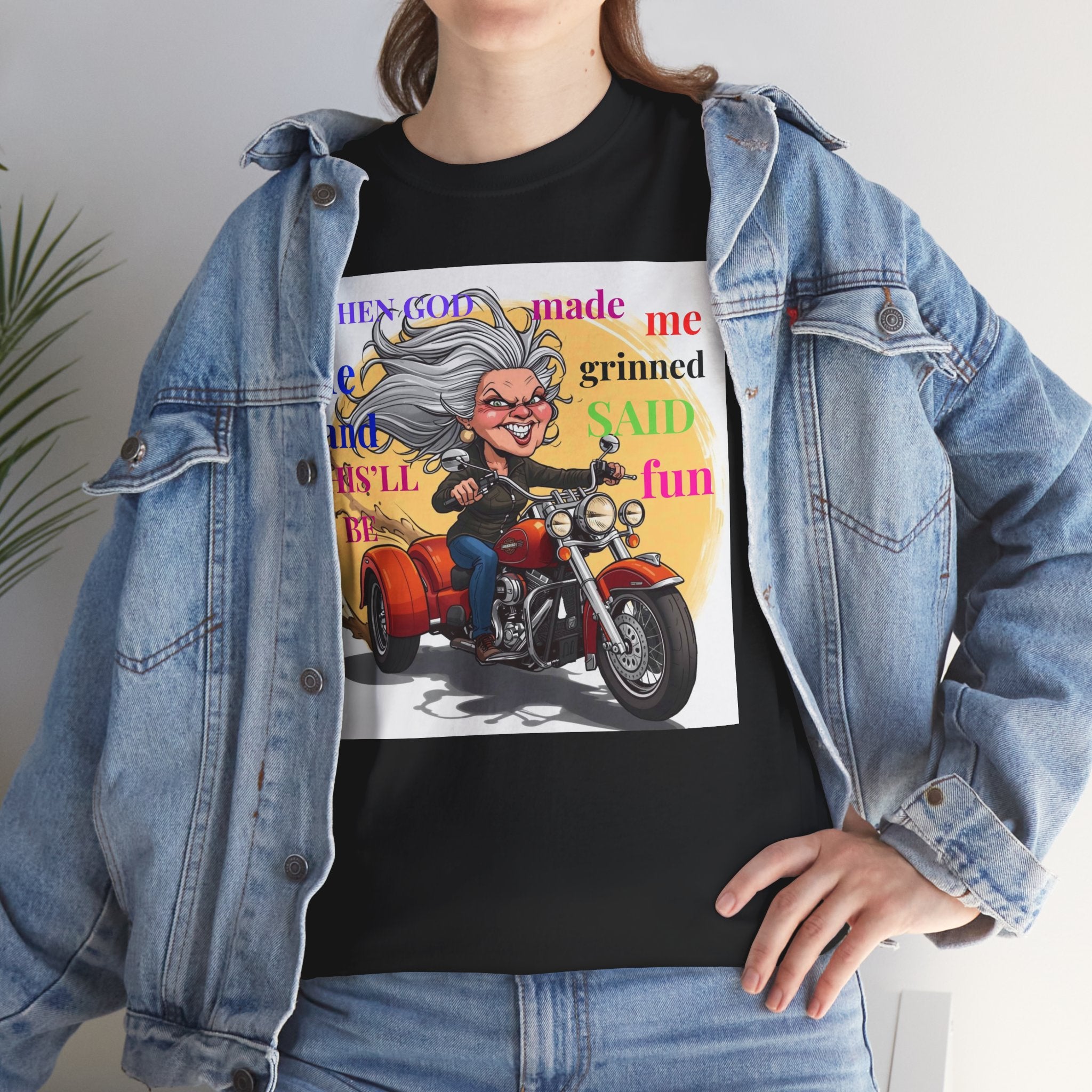 Motorcycle Grandma T-Shirt — "When God Made Me He Grinned" Biker Tee