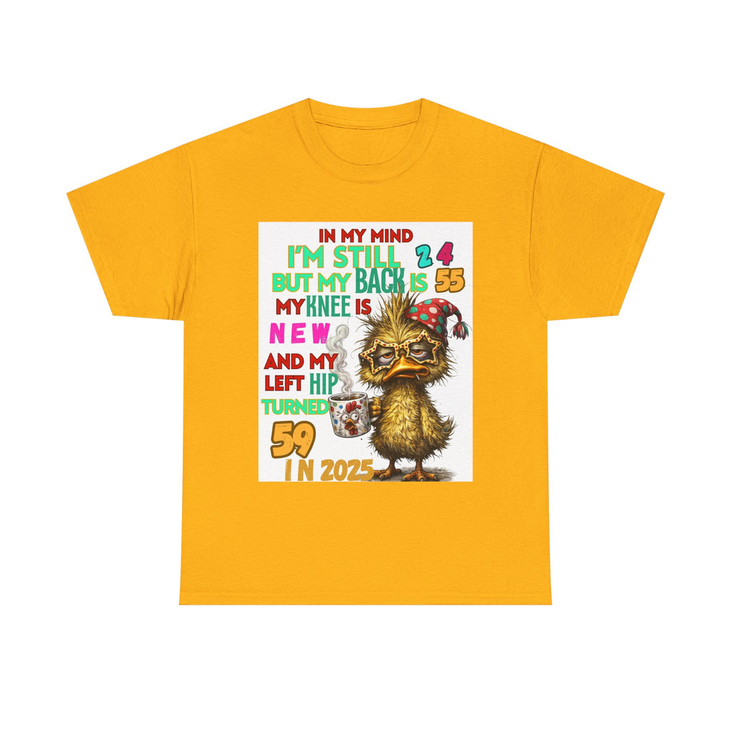 Funny 59th Birthday T-Shirt – Retro Duck Graphic “In My Mind I’m Still 24… Left Hip Turned 59”