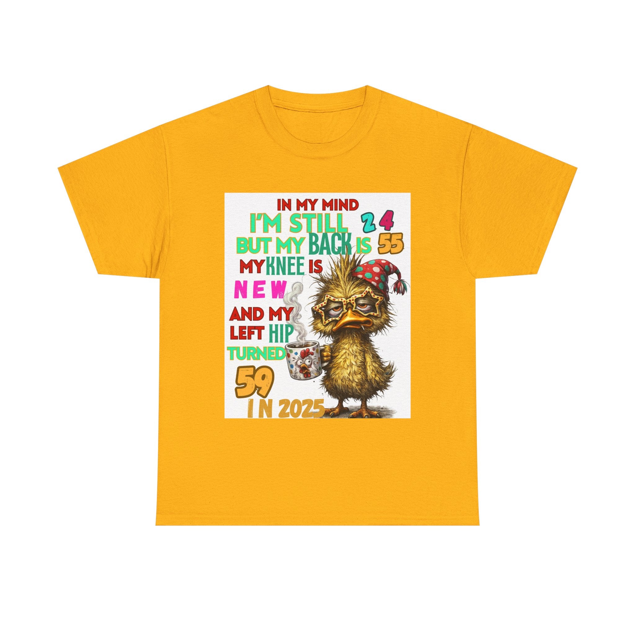 Funny 59th Birthday T-Shirt – Retro Duck Graphic “In My Mind I’m Still 24… Left Hip Turned 59”