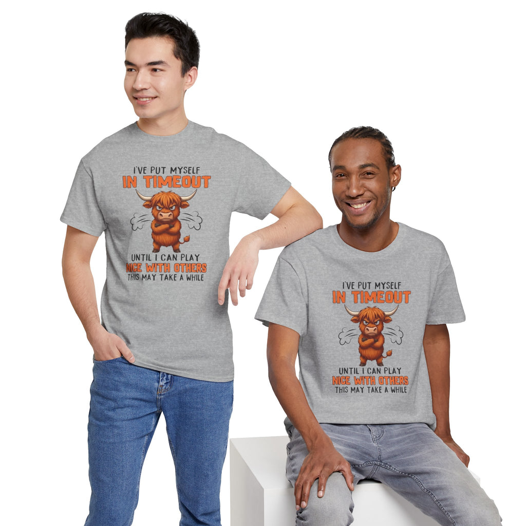 Funny 'I've Put Myself in Timeout' T-Shirt — Cute Grumpy Highland Cow Humor Tee