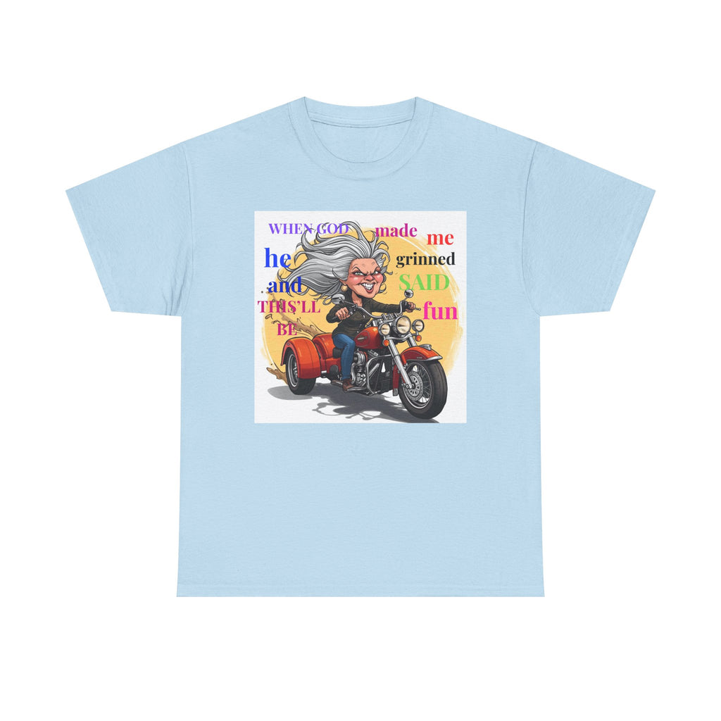 Motorcycle Grandma T-Shirt — "When God Made Me He Grinned" Biker Tee