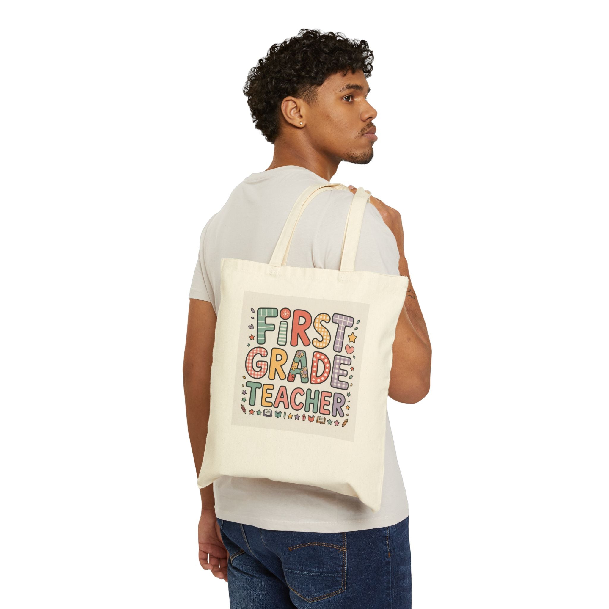 First Grade Teacher Tote Bag — Cute Colorful Teacher Gift Canvas Tote