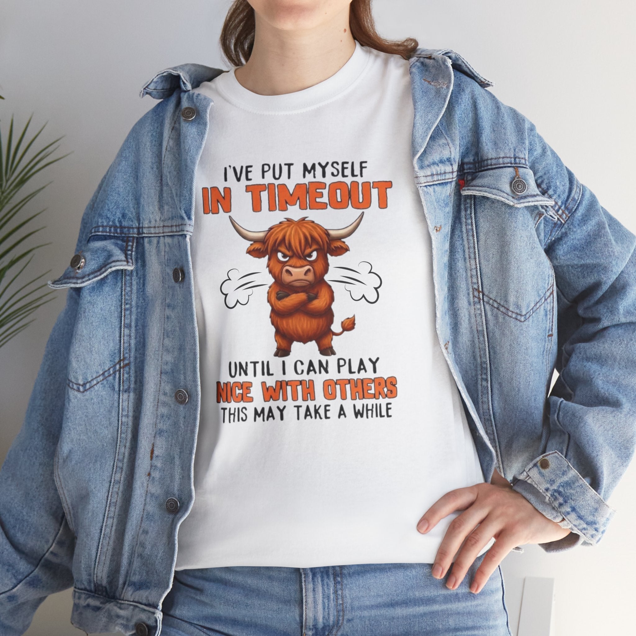 Funny 'I've Put Myself in Timeout' T-Shirt — Cute Grumpy Highland Cow Humor Tee