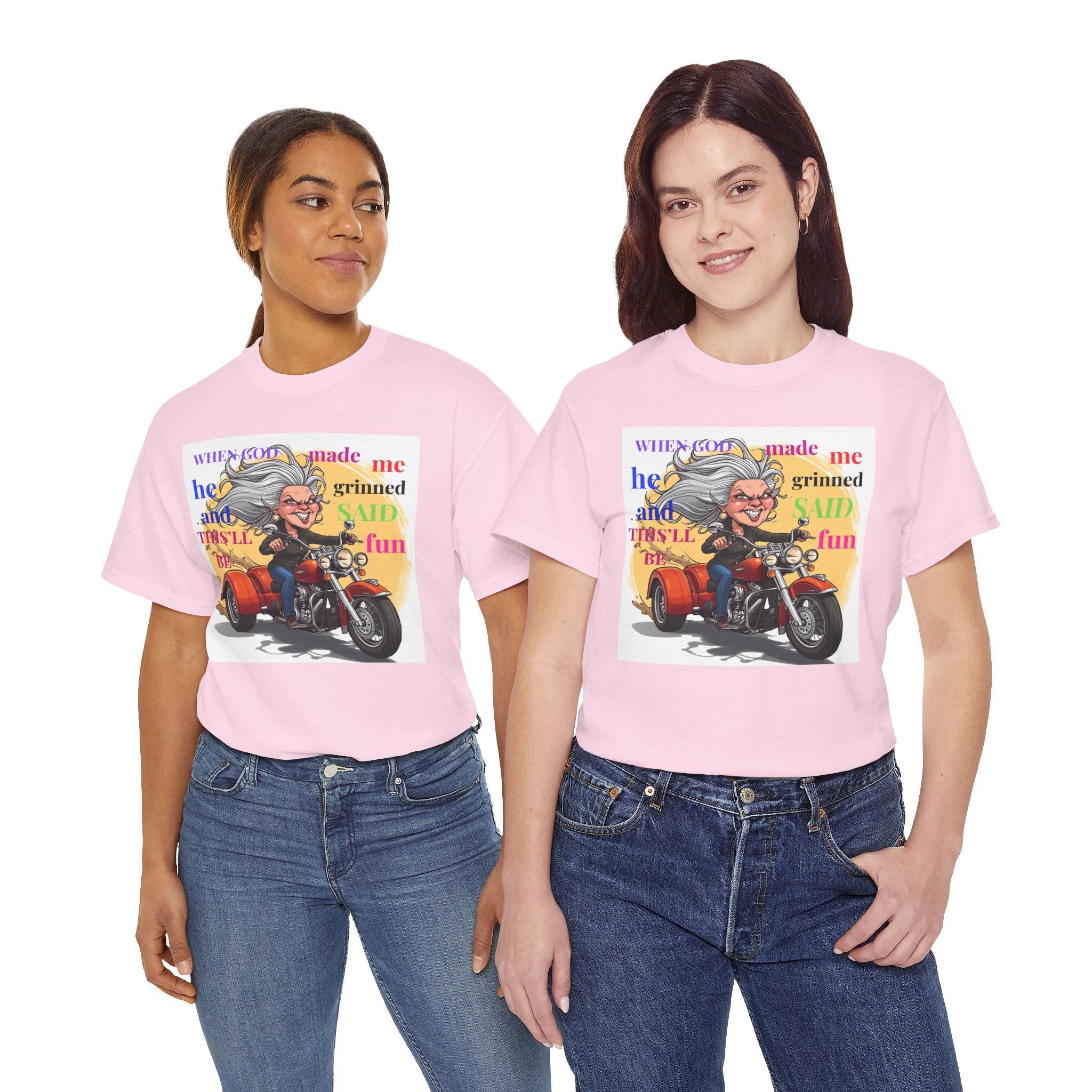 Motorcycle Grandma T-Shirt — "When God Made Me He Grinned" Biker Tee
