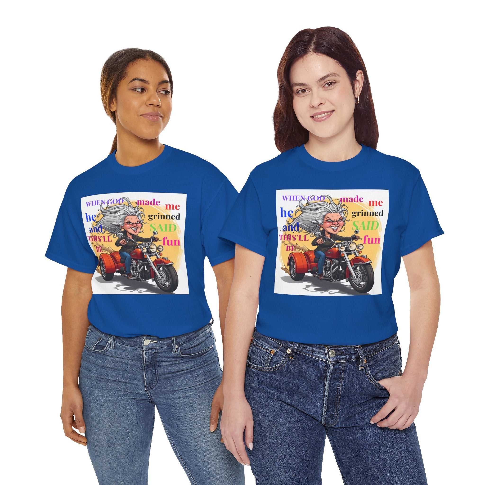 Motorcycle Grandma T-Shirt — "When God Made Me He Grinned" Biker Tee