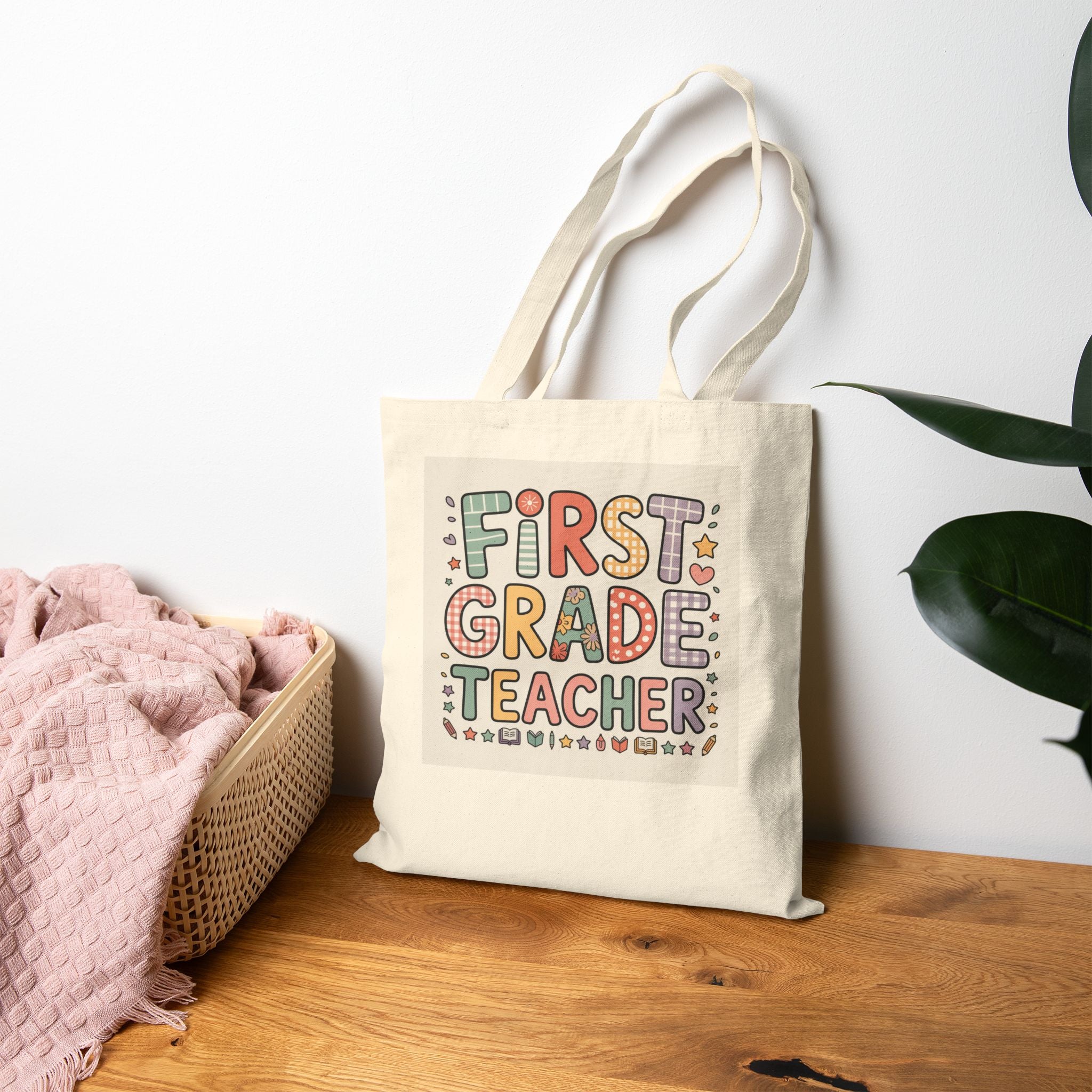 First Grade Teacher Tote Bag — Cute Colorful Teacher Gift Canvas Tote