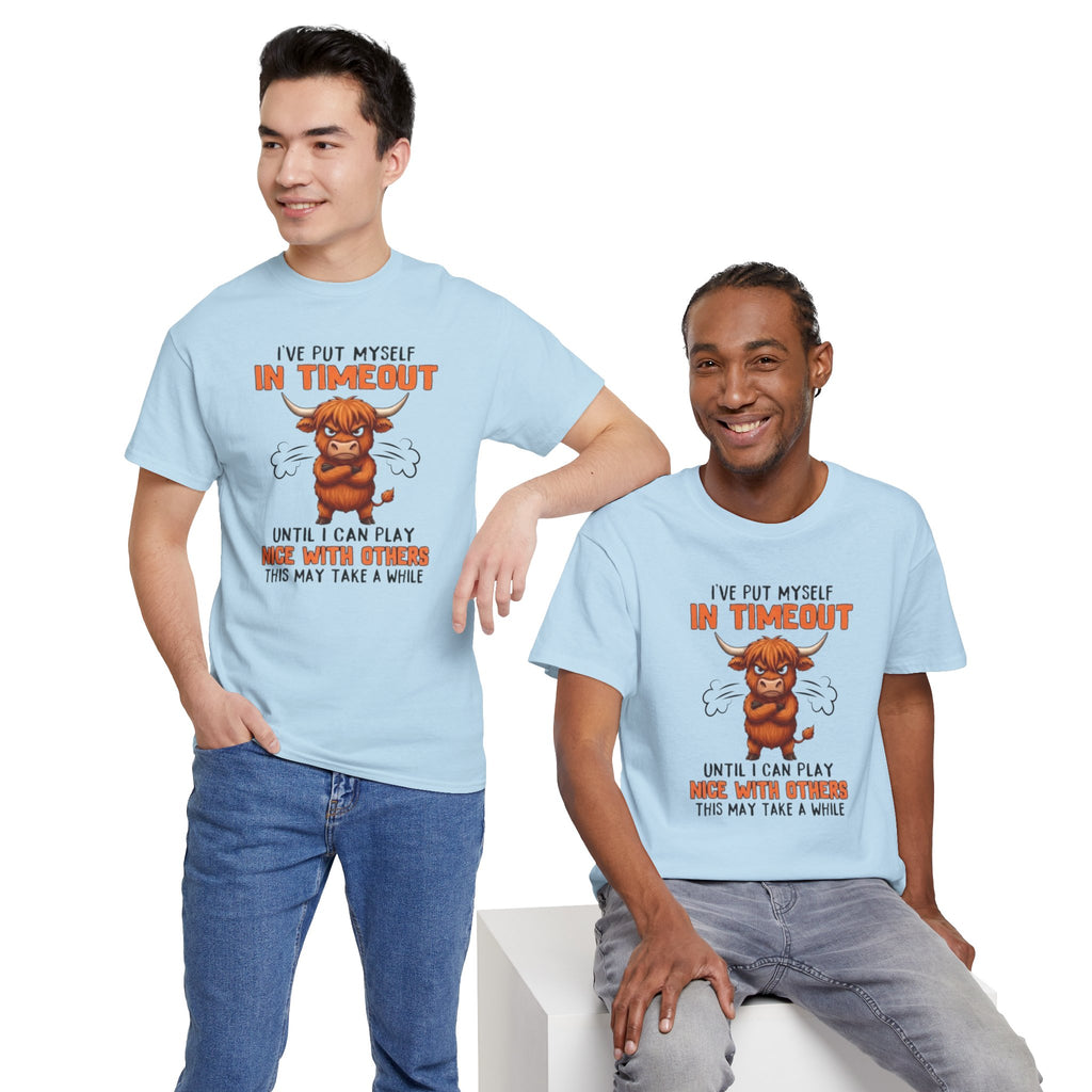 Funny 'I've Put Myself in Timeout' T-Shirt — Cute Grumpy Highland Cow Humor Tee