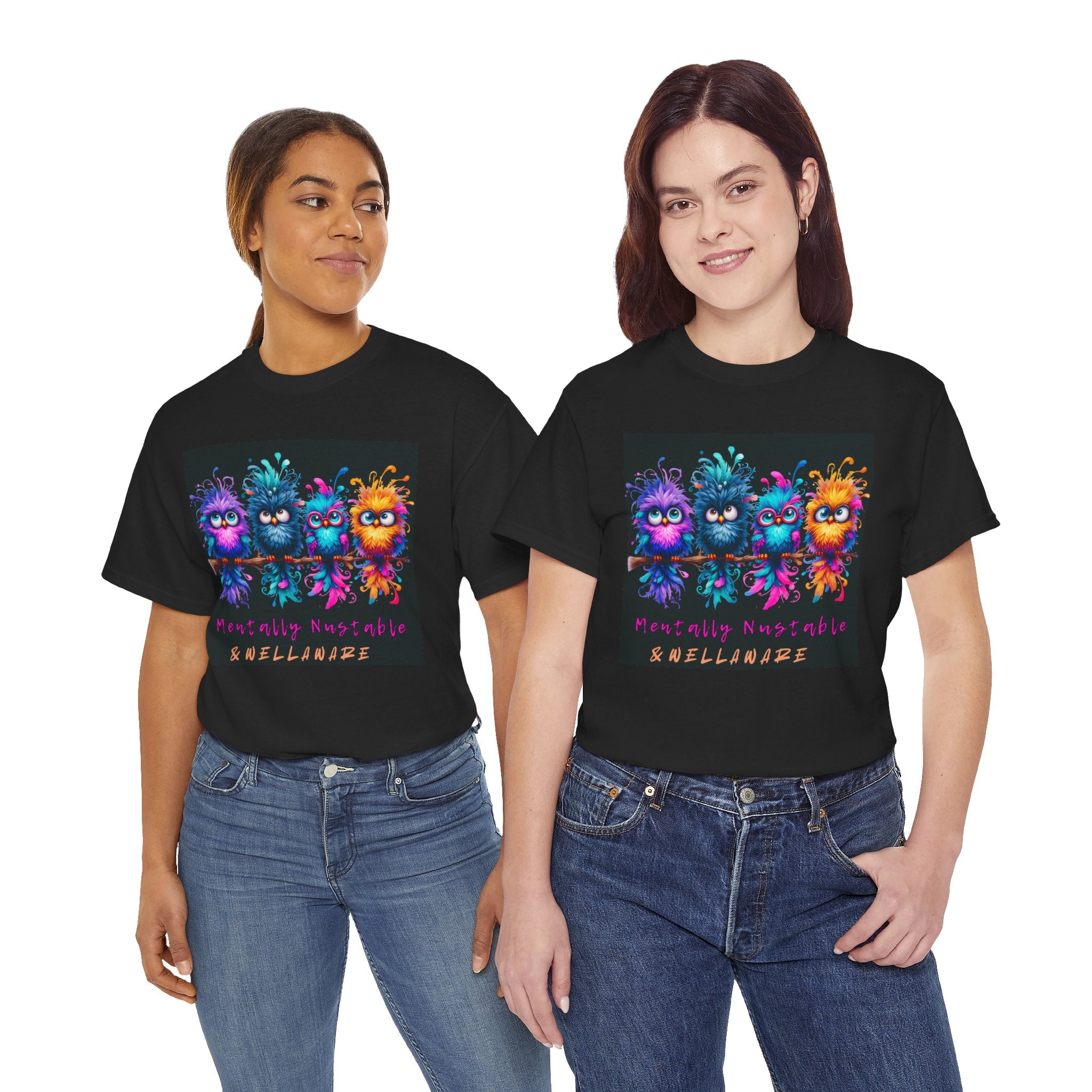 Colorful birds supporting Mental health Funky Monsters tee |