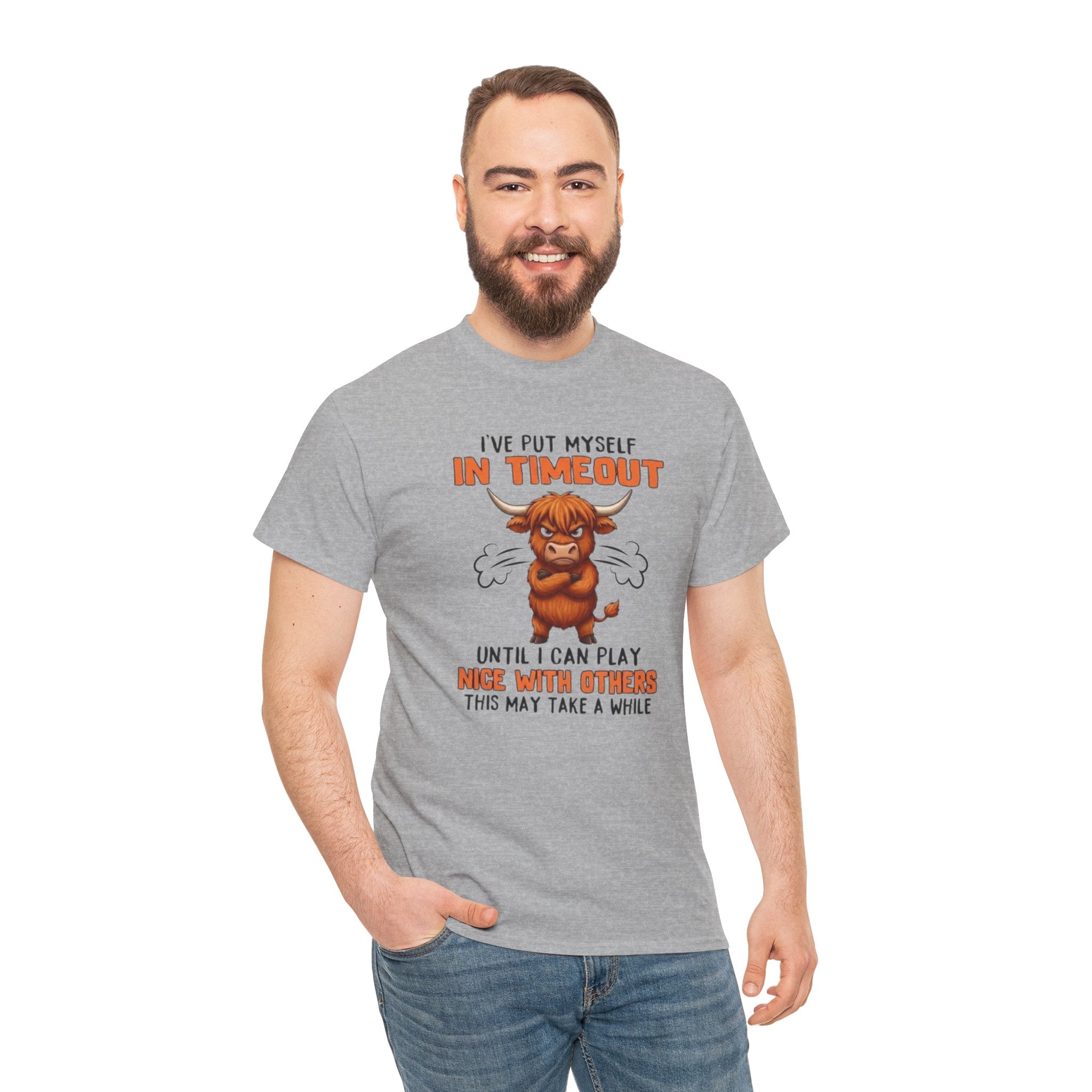 Funny 'I've Put Myself in Timeout' T-Shirt — Cute Grumpy Highland Cow Humor Tee