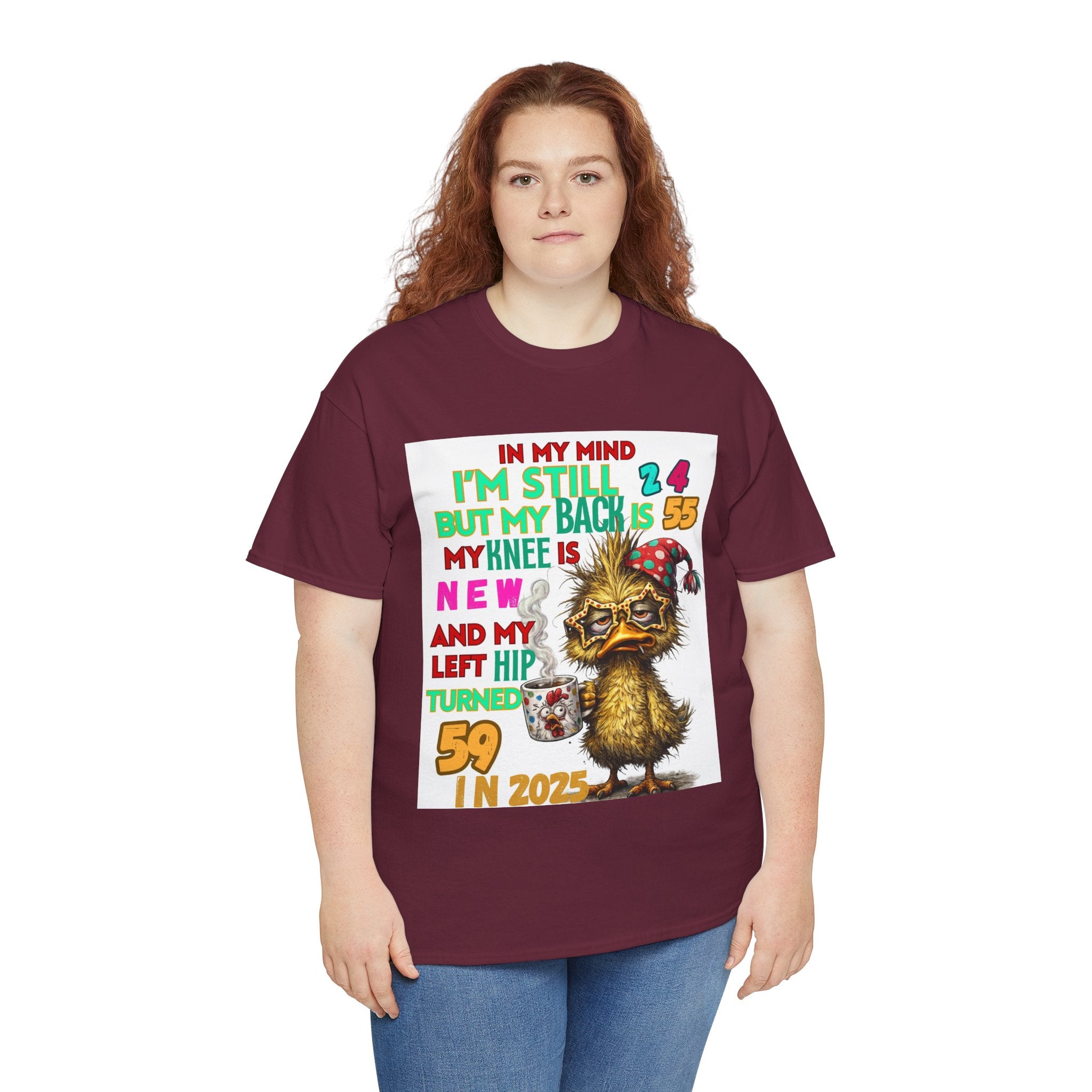Funny 59th Birthday T-Shirt – Retro Duck Graphic “In My Mind I’m Still 24… Left Hip Turned 59”
