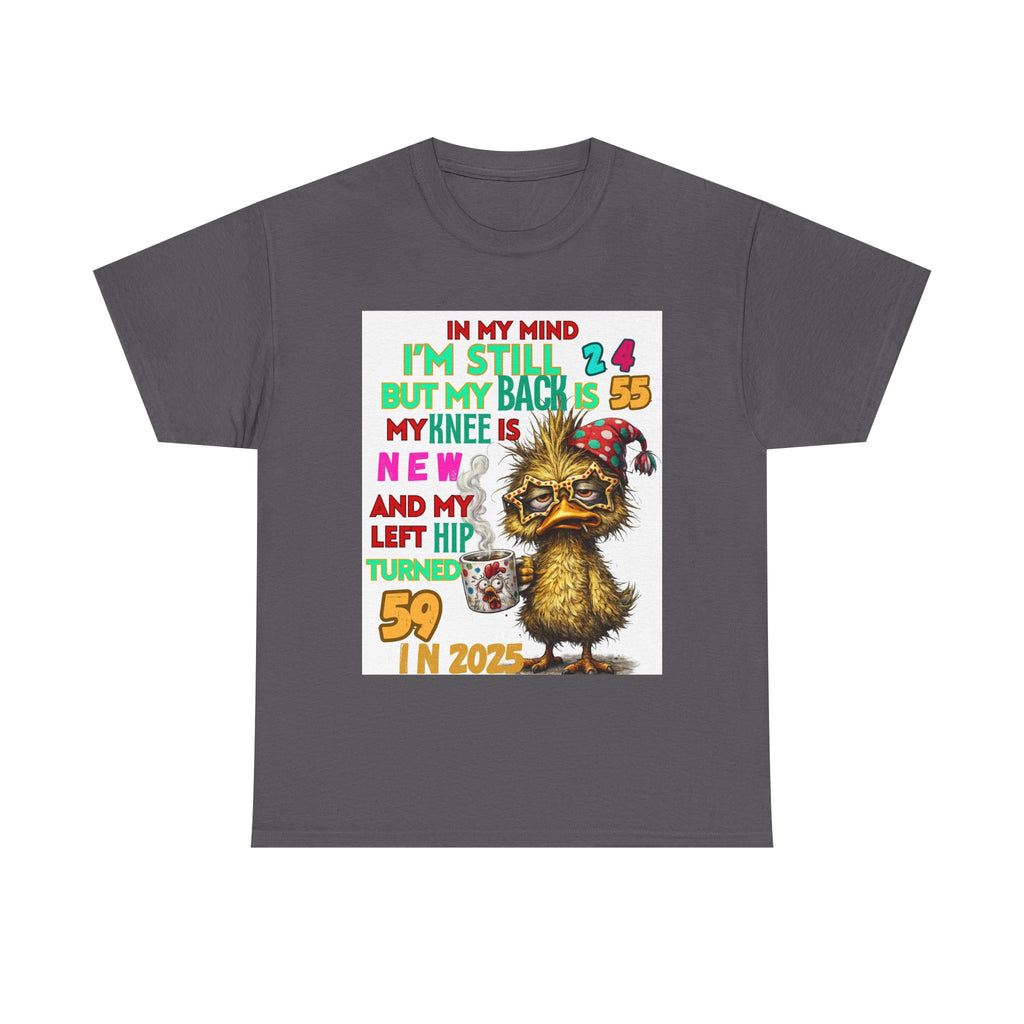 Funny 59th Birthday T-Shirt – Retro Duck Graphic “In My Mind I’m Still 24… Left Hip Turned 59”