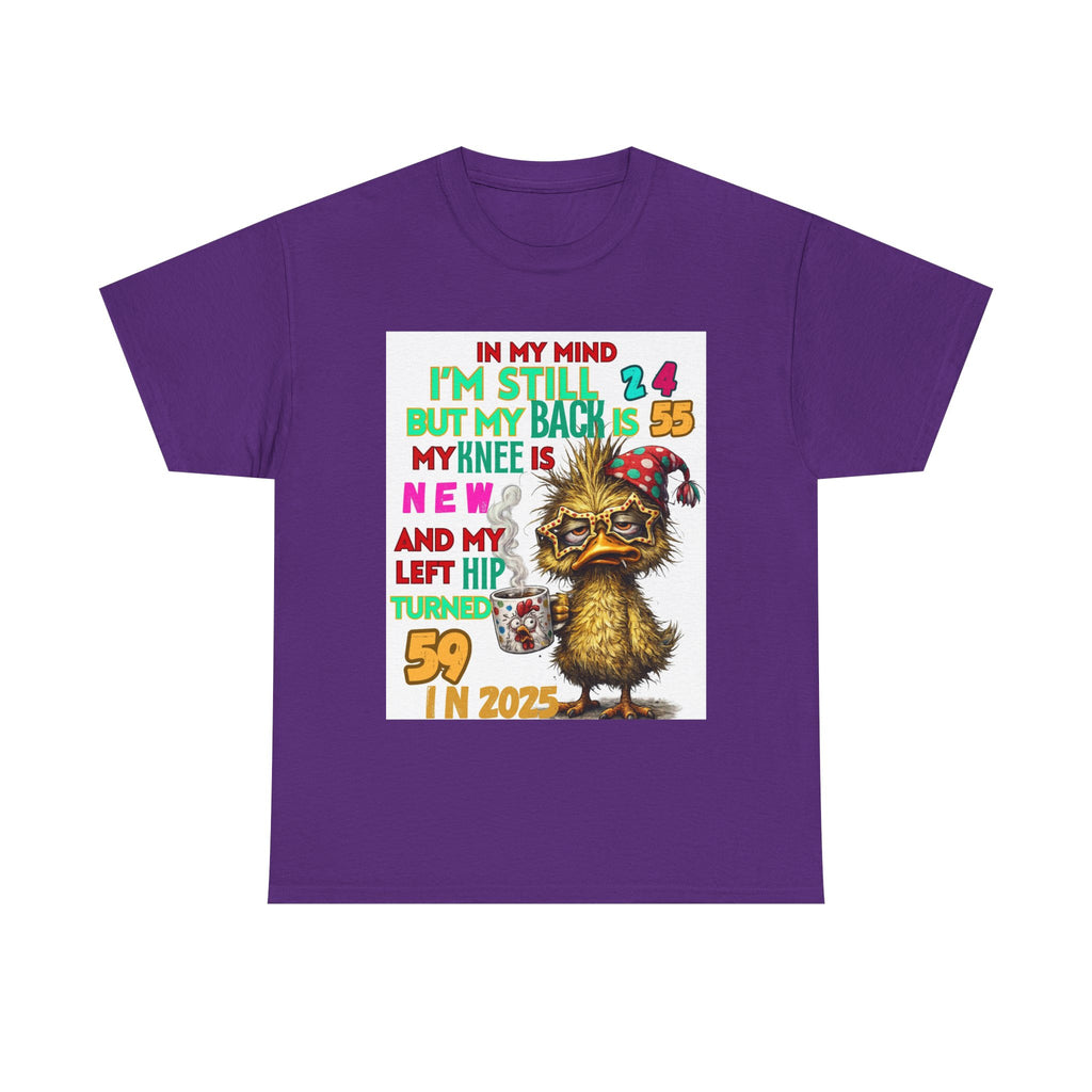 Funny 59th Birthday T-Shirt – Retro Duck Graphic “In My Mind I’m Still 24… Left Hip Turned 59”