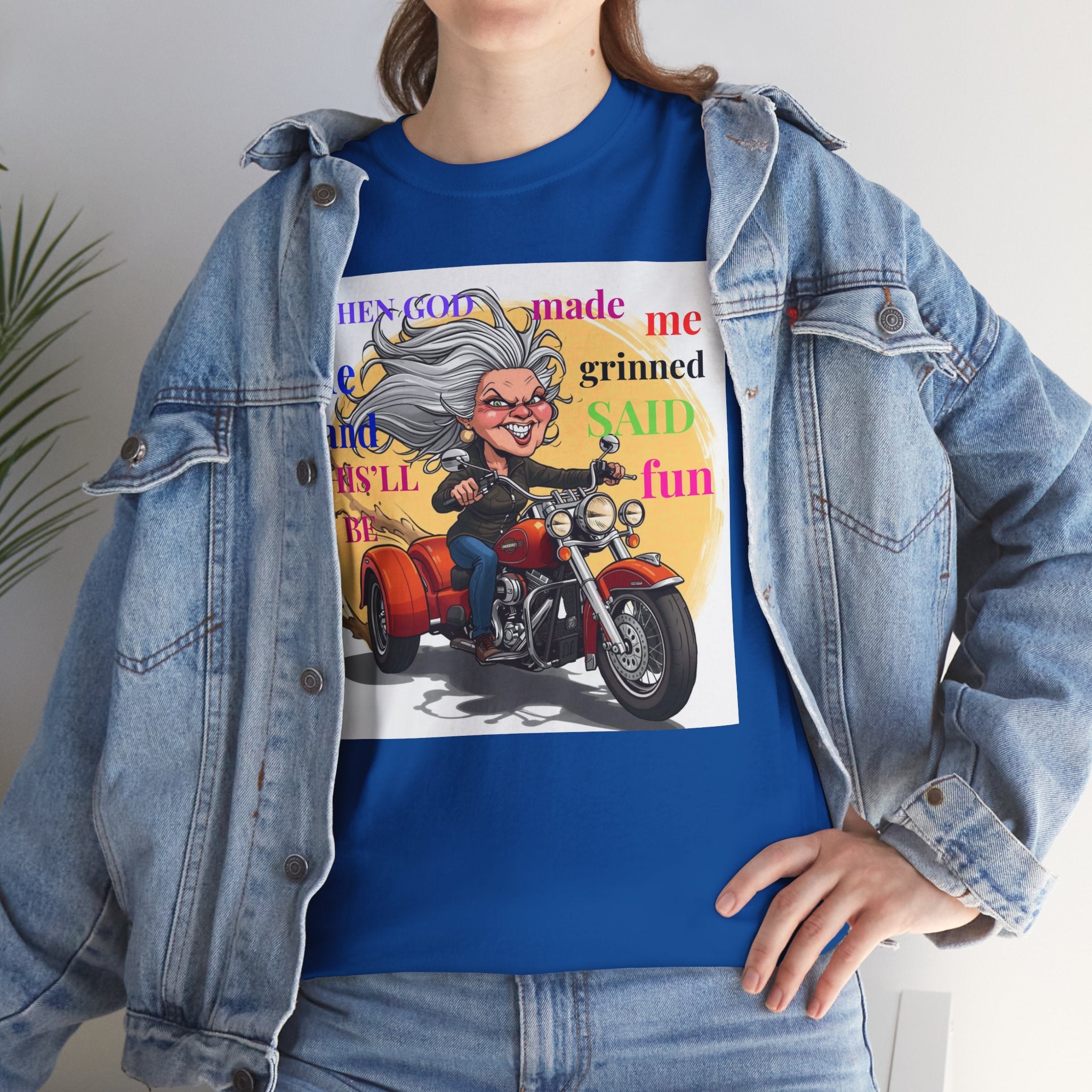 Motorcycle Grandma T-Shirt — "When God Made Me He Grinned" Biker Tee