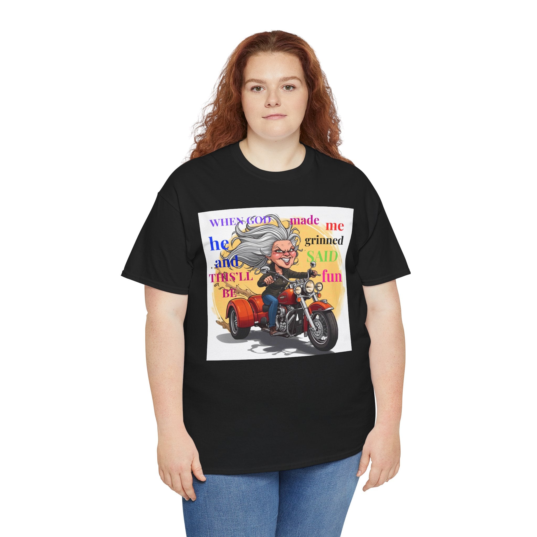 Motorcycle Grandma T-Shirt — "When God Made Me He Grinned" Biker Tee