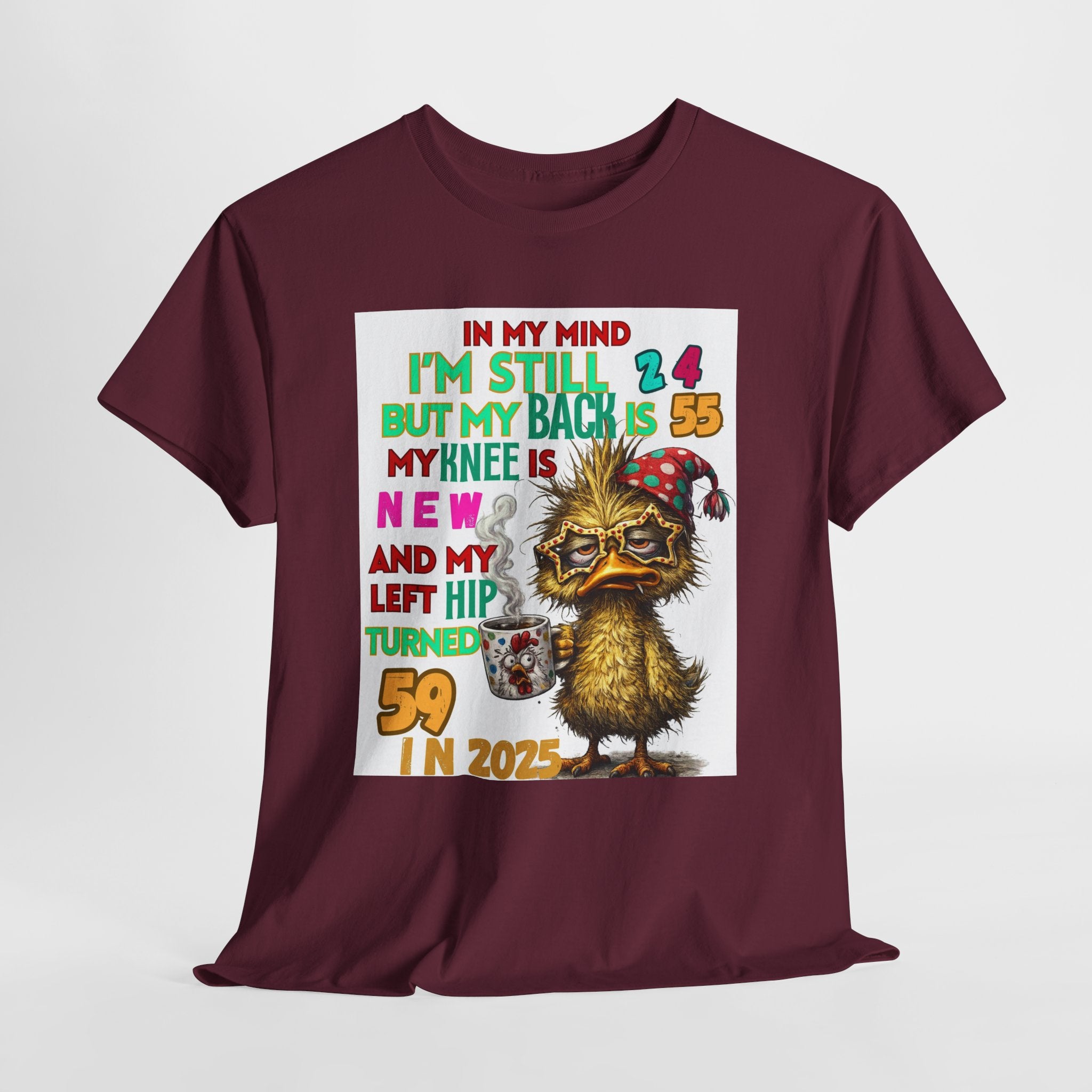 Funny 59th Birthday T-Shirt – Retro Duck Graphic “In My Mind I’m Still 24… Left Hip Turned 59”