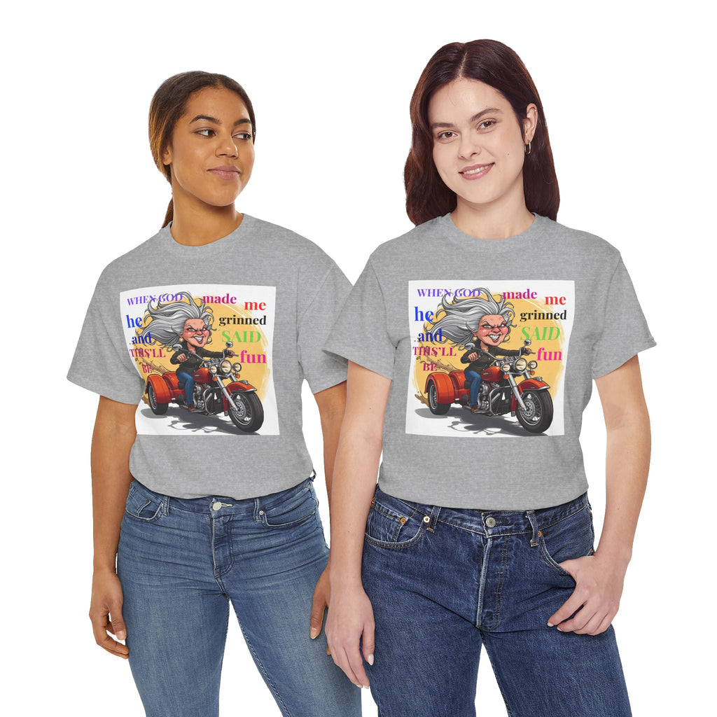 Motorcycle Grandma T-Shirt — "When God Made Me He Grinned" Biker Tee
