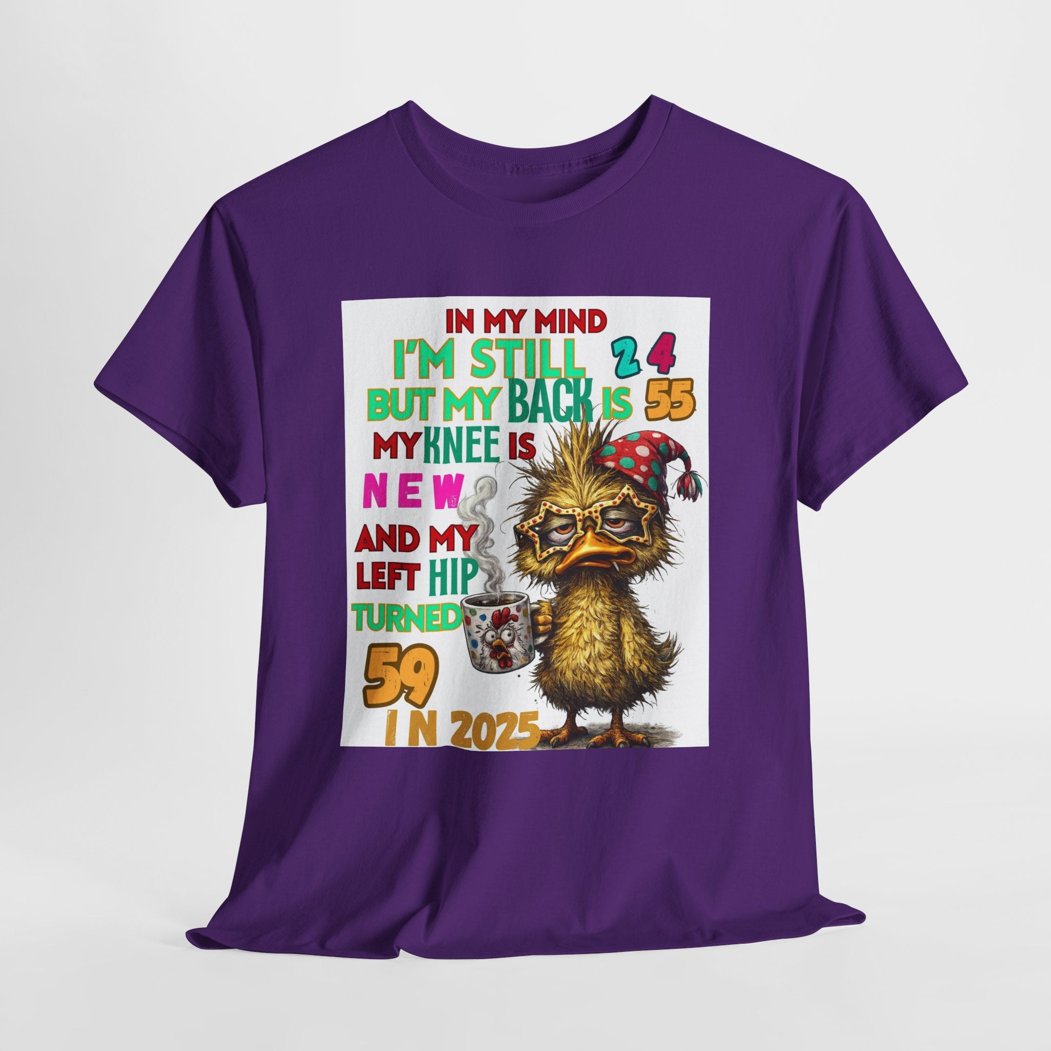 Funny 59th Birthday T-Shirt – Retro Duck Graphic “In My Mind I’m Still 24… Left Hip Turned 59”