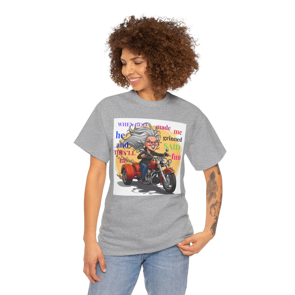 Motorcycle Grandma T-Shirt — "When God Made Me He Grinned" Biker Tee