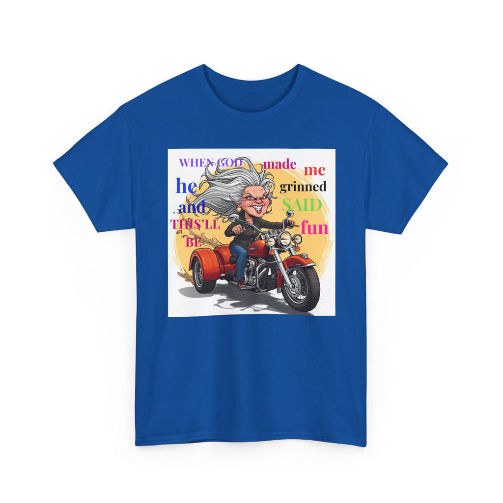 Motorcycle Grandma T-Shirt — "When God Made Me He Grinned" Biker Tee