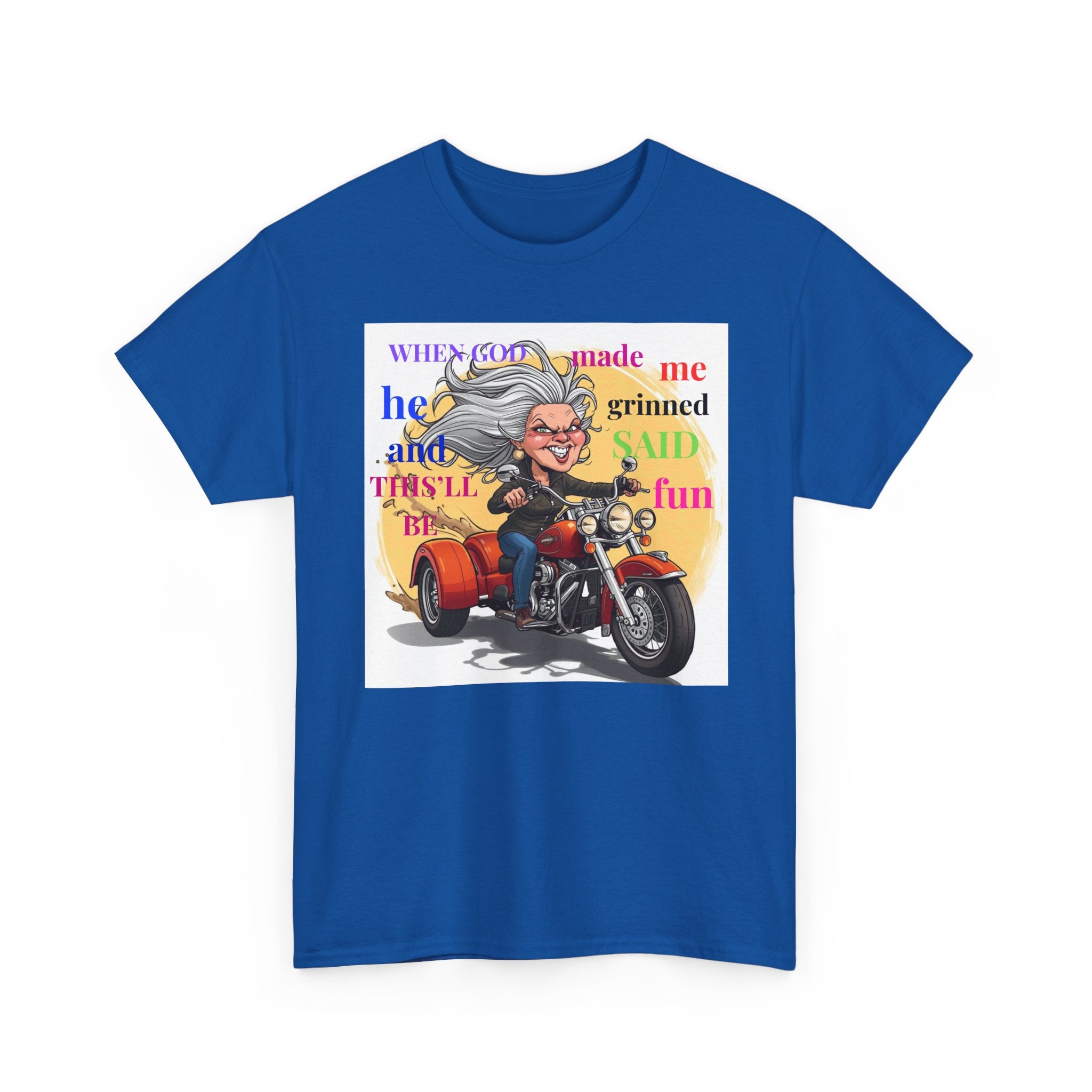 Motorcycle Grandma T-Shirt — "When God Made Me He Grinned" Biker Tee