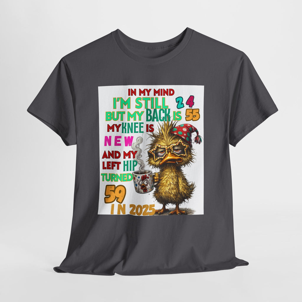 Funny 59th Birthday T-Shirt – Retro Duck Graphic “In My Mind I’m Still 24… Left Hip Turned 59”