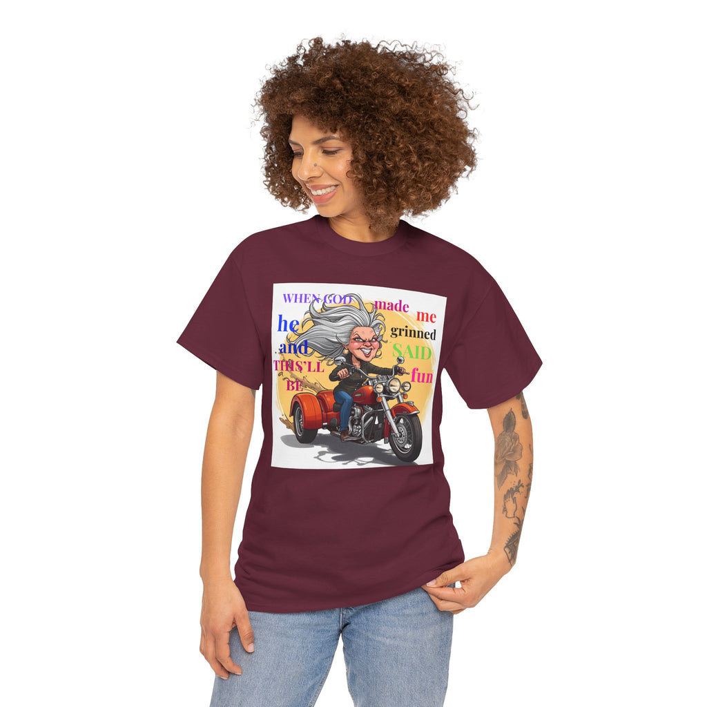 Grinning Grandma on Motorcycle T‑Shirt — "When God Made Me He Smiled" Funny Biker Tee