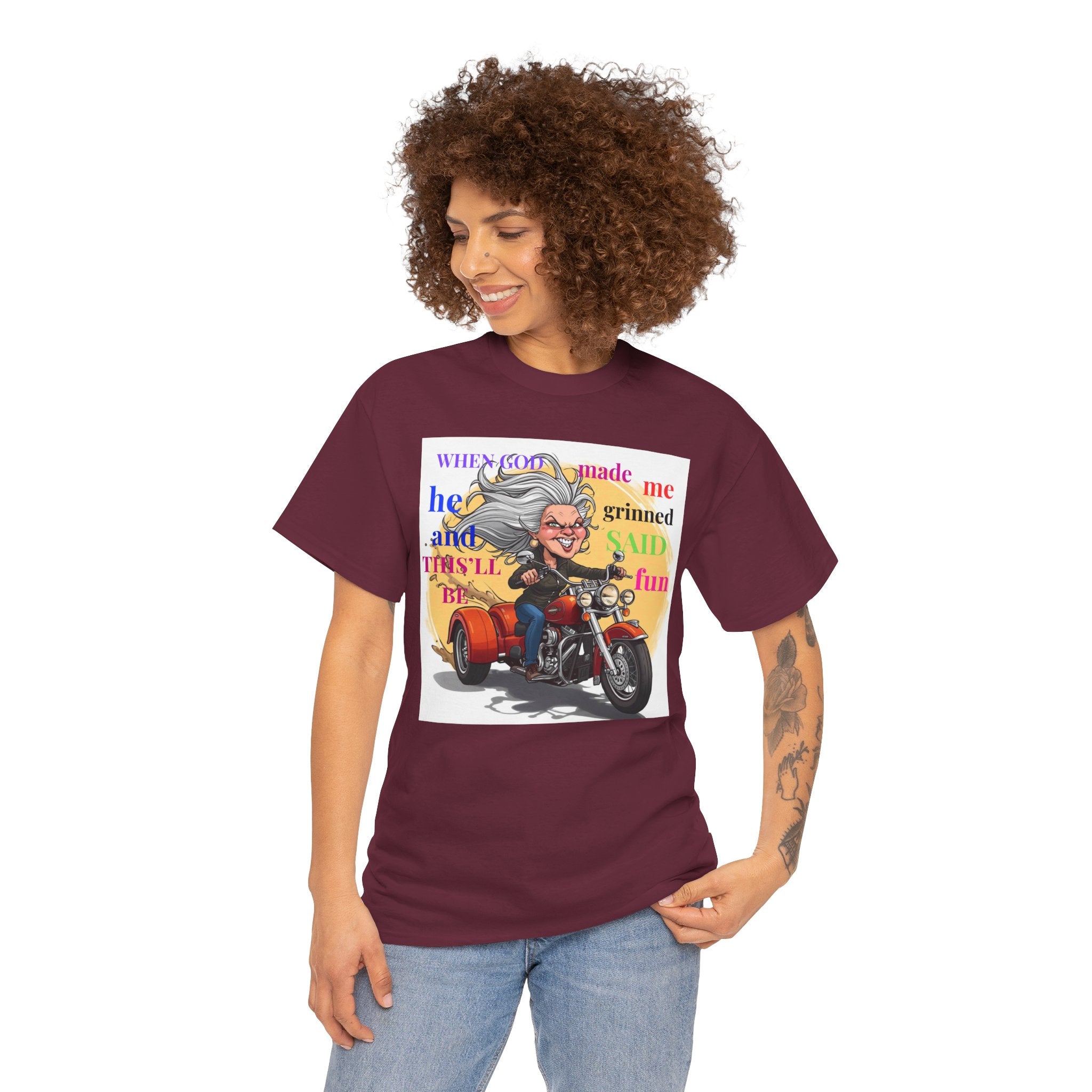 Grinning Grandma on Motorcycle T‑Shirt — "When God Made Me He Smiled" Funny Biker Tee