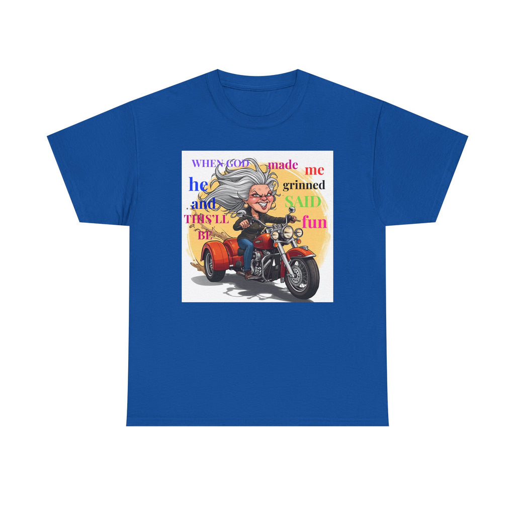 Motorcycle Grandma T-Shirt — "When God Made Me He Grinned" Biker Tee