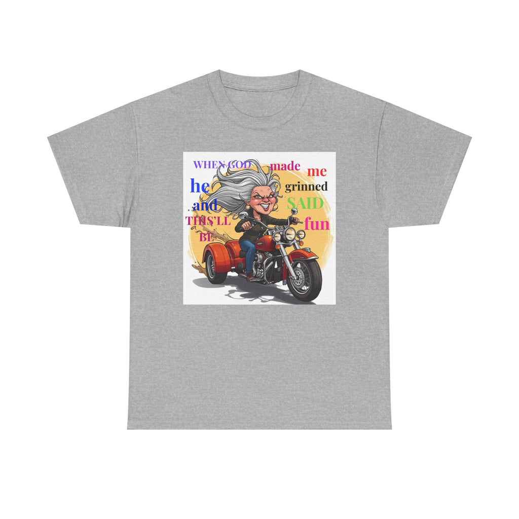 Motorcycle Grandma T-Shirt — "When God Made Me He Grinned" Biker Tee
