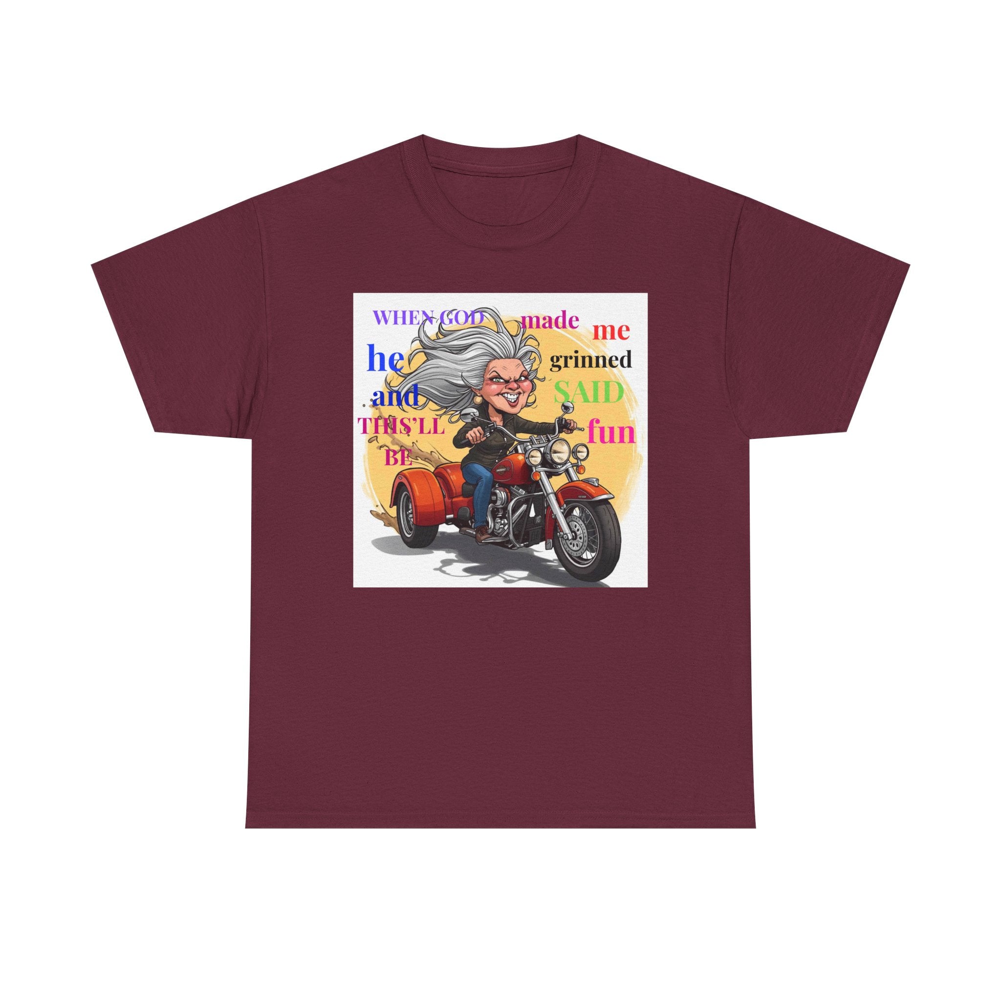 Grinning Grandma on Motorcycle T‑Shirt — "When God Made Me He Smiled" Funny Biker Tee