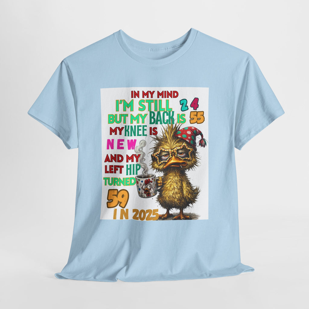 Funny 59th Birthday T-Shirt – Retro Duck Graphic “In My Mind I’m Still 24… Left Hip Turned 59”