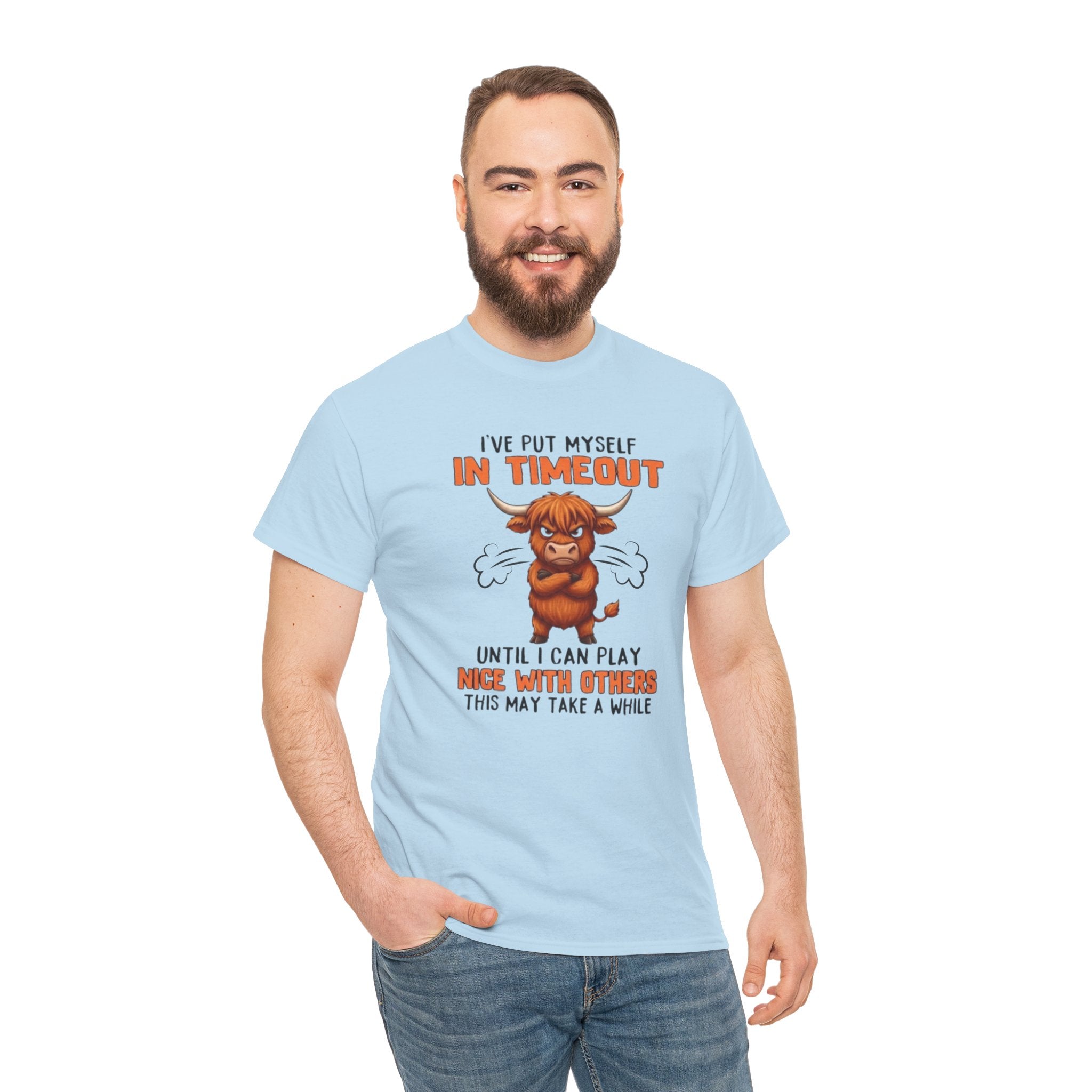 Funny 'I've Put Myself in Timeout' T-Shirt — Cute Grumpy Highland Cow Humor Tee