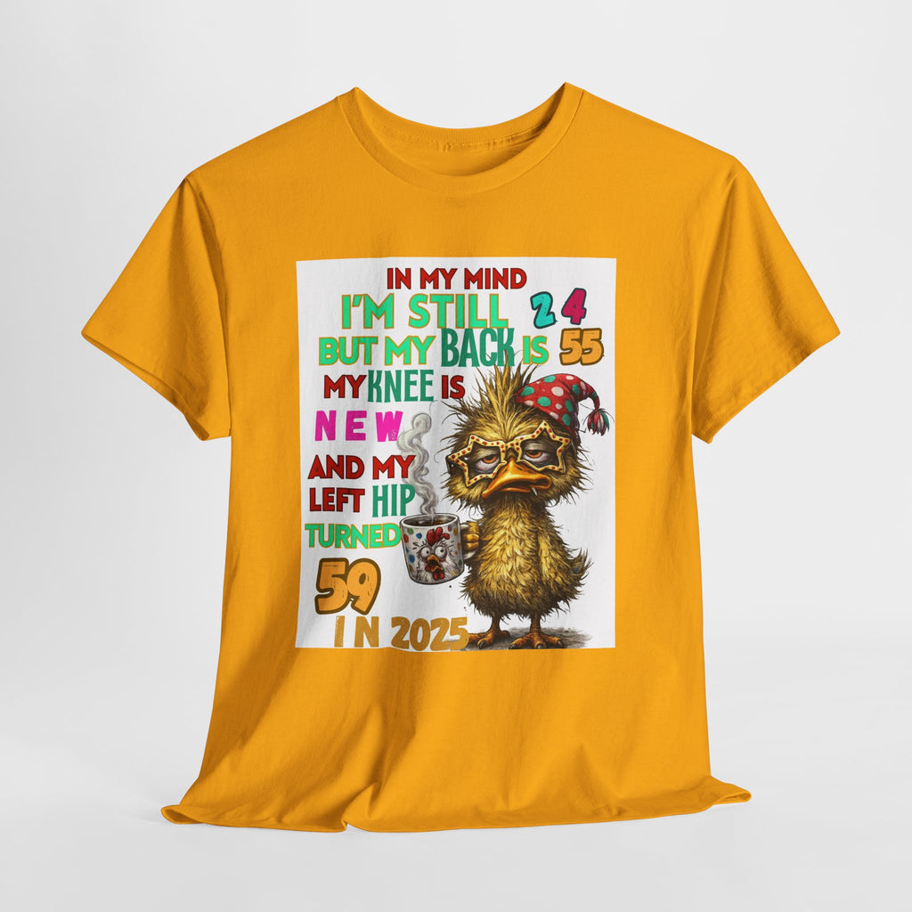 Funny 59th Birthday T-Shirt – Retro Duck Graphic “In My Mind I’m Still 24… Left Hip Turned 59”