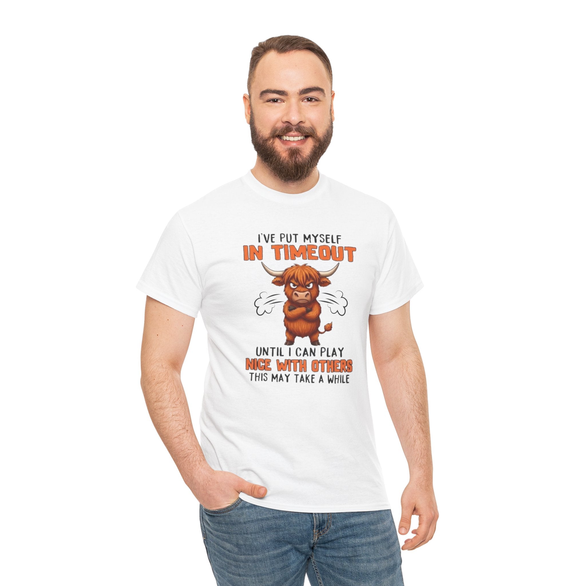 Funny 'I've Put Myself in Timeout' T-Shirt — Cute Grumpy Highland Cow Humor Tee